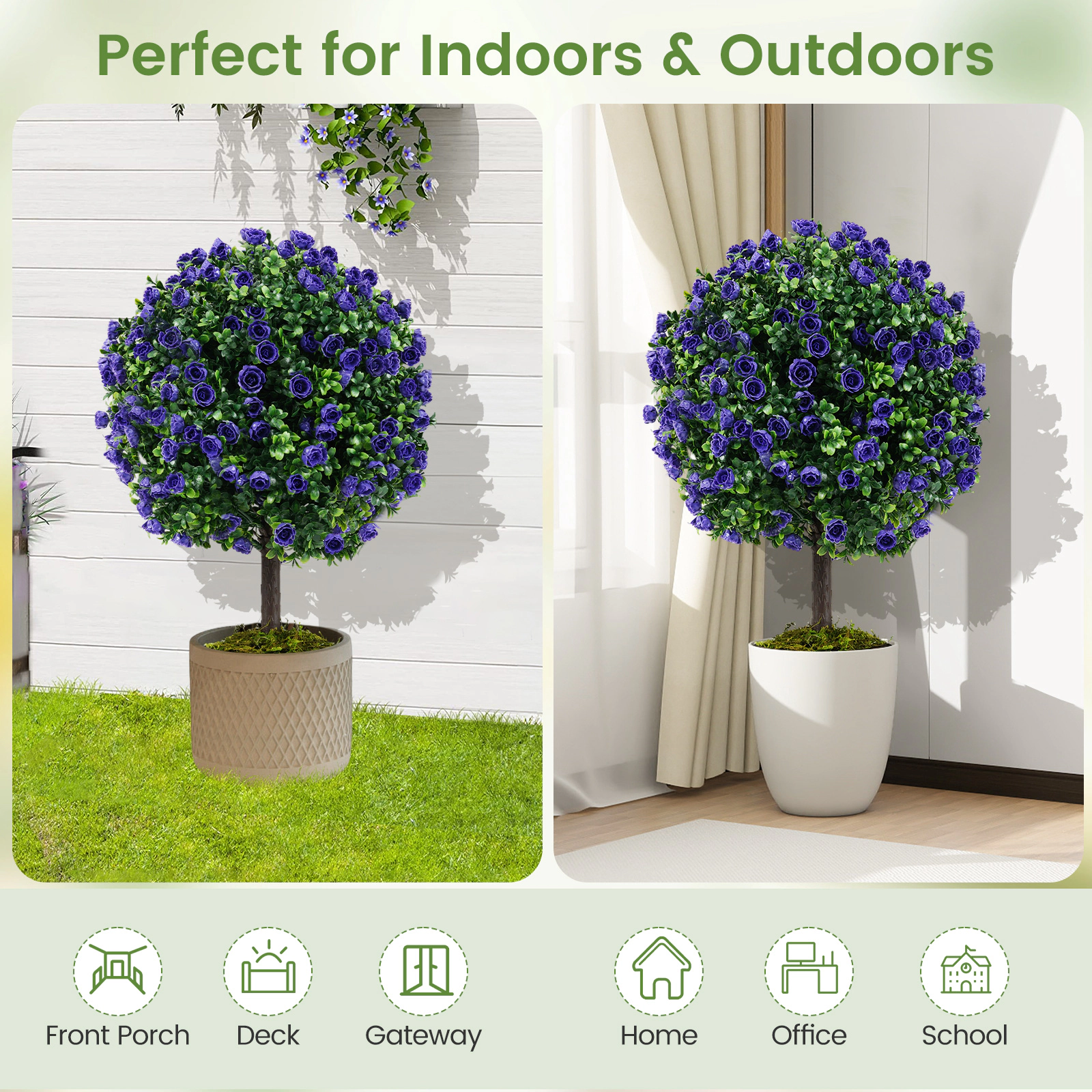 SUGIFT Set of 2 22-in Artificial Purple Rose Topiary Ball Trees with Moss Accents and Cement-Filled Pots