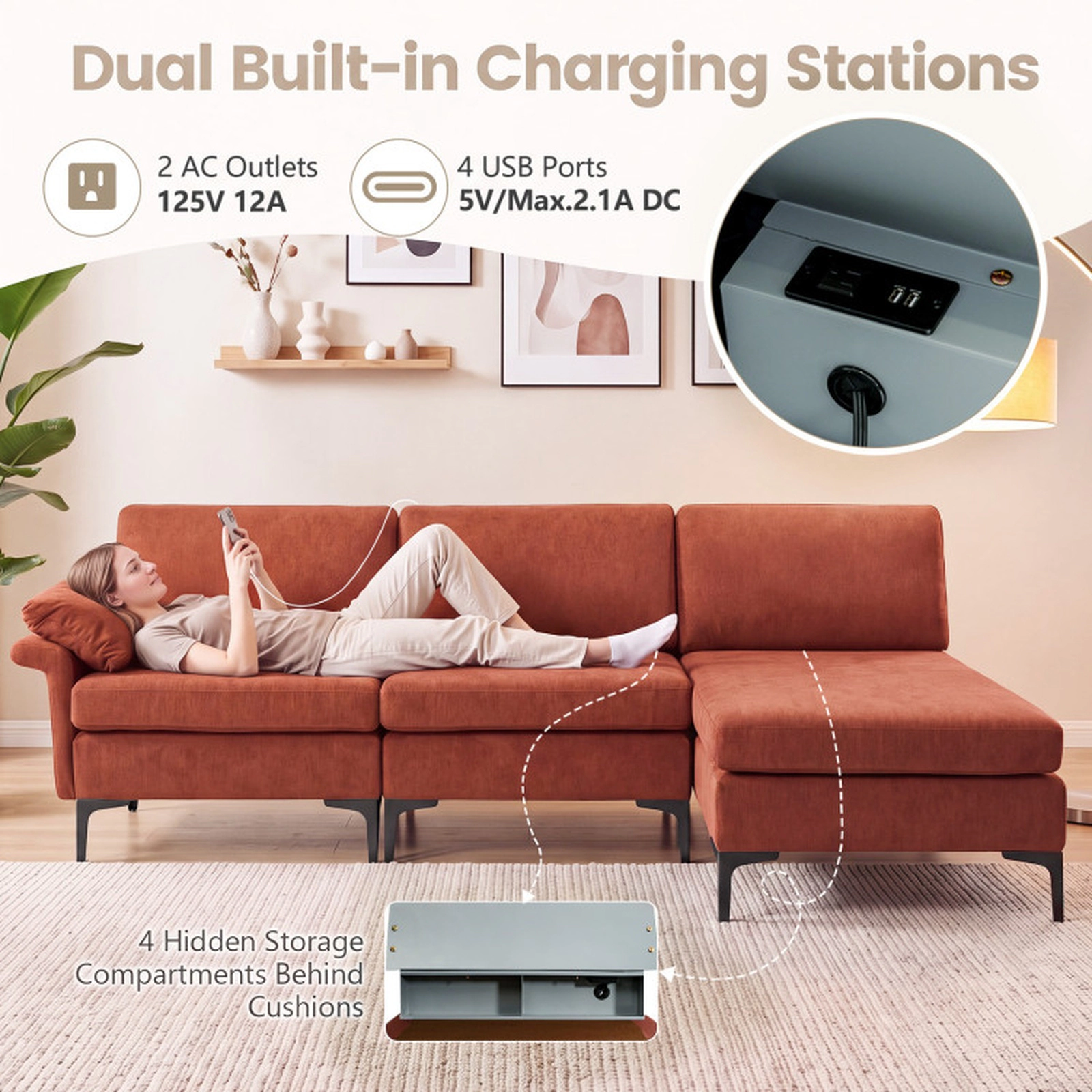 SUGIFT Red L-Shaped Modular Sectional Sofa with Chaise, 2 AC Outlets, 4 USB Ports, Hidden Storage