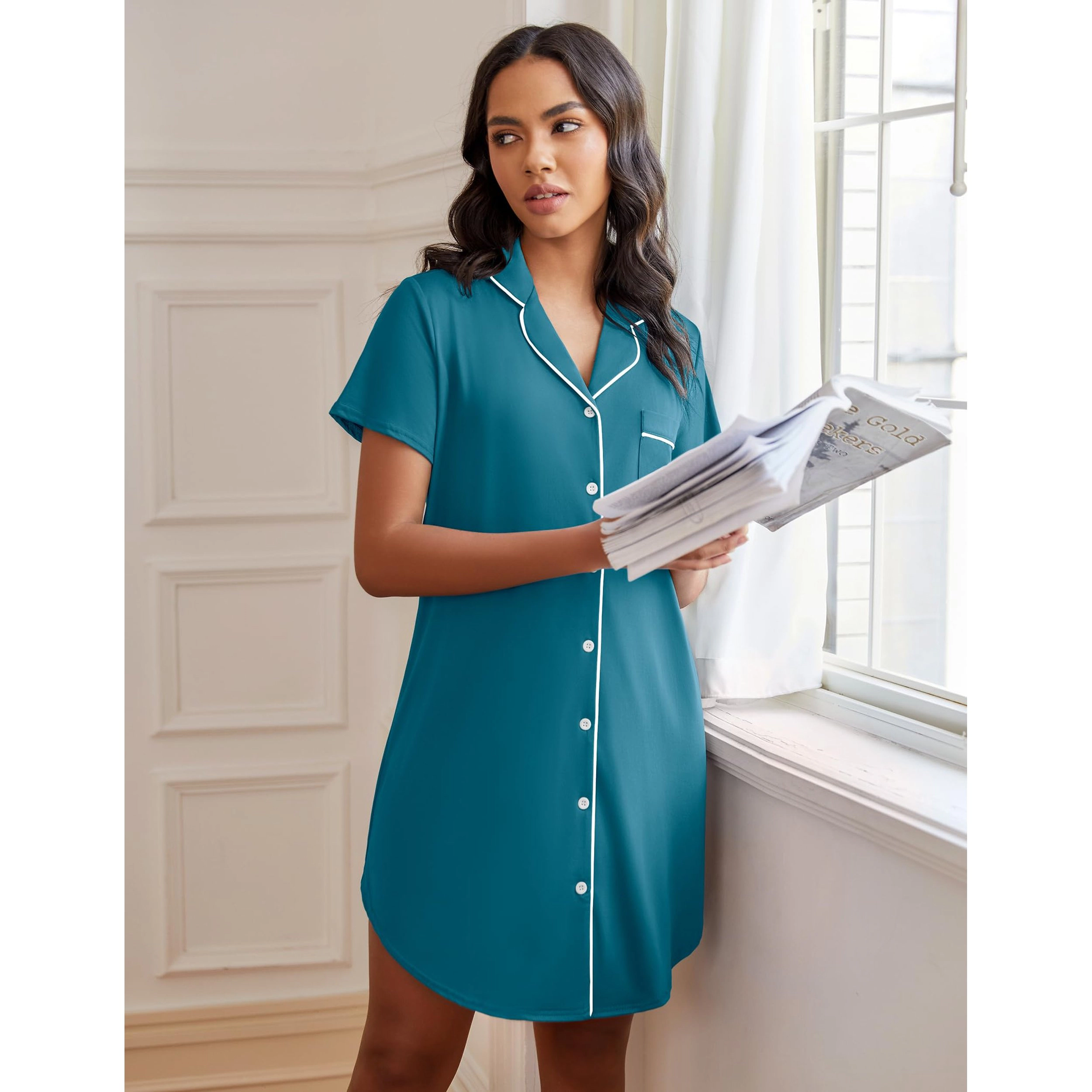 Ekouaer Womens Nightgown Button Down Night Gowns Short Sleeve Sleepshirt V Neck Nightshirt Soft