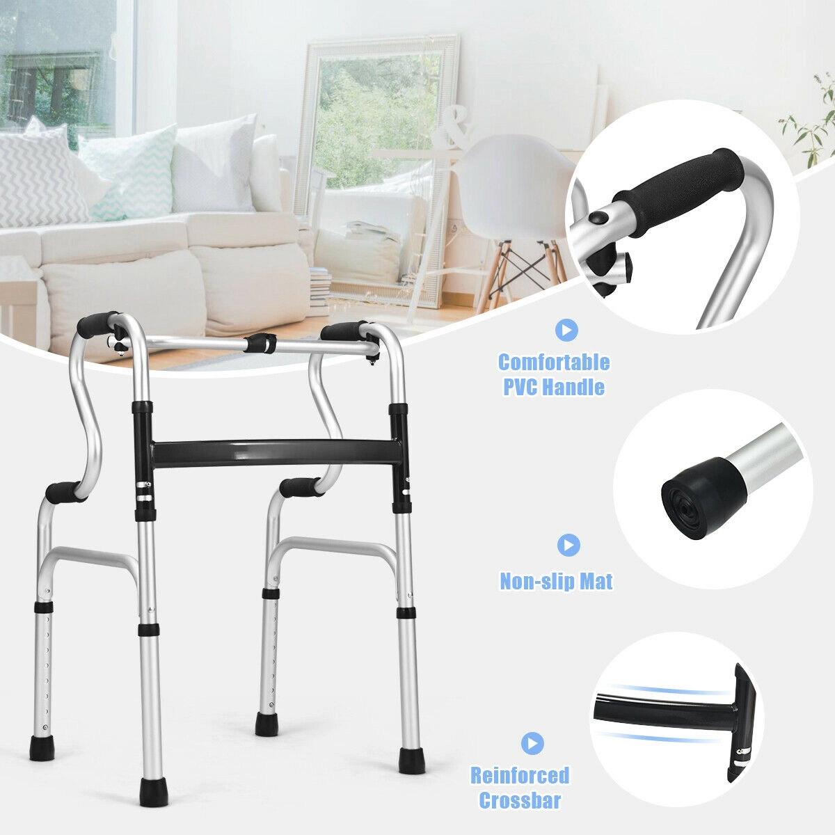 SUGIFT Silver One-Button Folding Walker with 8-Level Height Adjustment 20.5-in W 18-in D 400-lb User Capacity