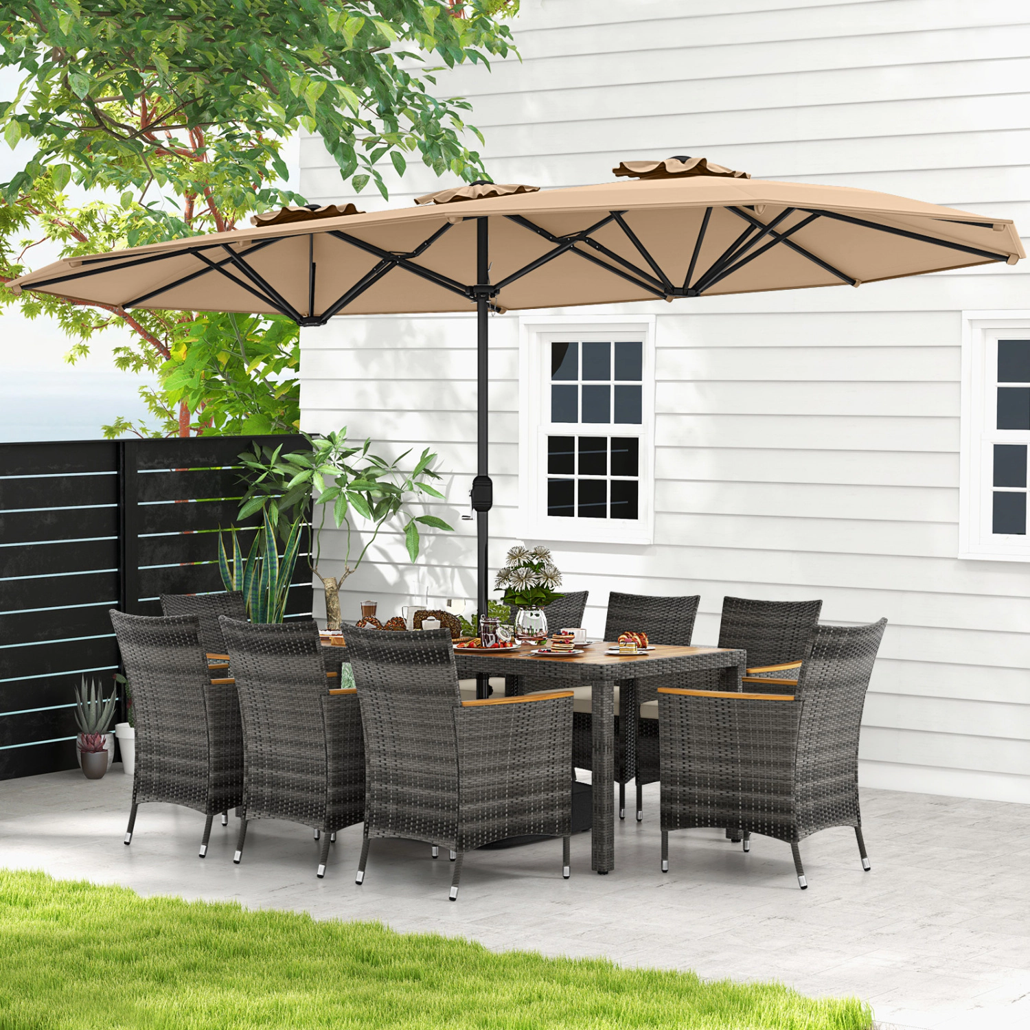 Hivvago 10 Pieces Patio Wicker Dining Set with 15 Feet Double-Sided Patio Umbrella