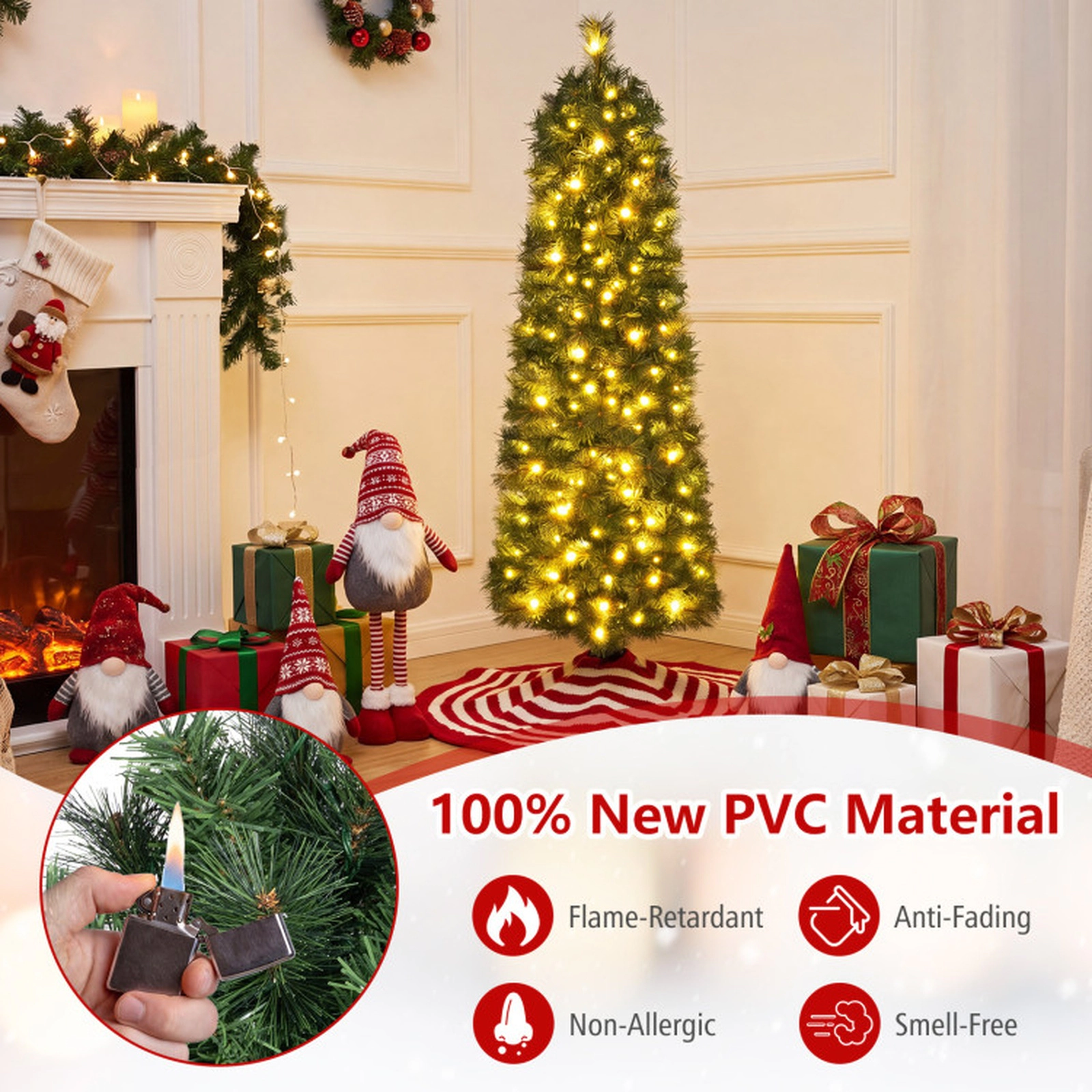 SUGIFT 5-Ft Pre-Lit Skinny Pencil Pine Christmas Tree, 100 Warm White LED Lights, 309 Tips