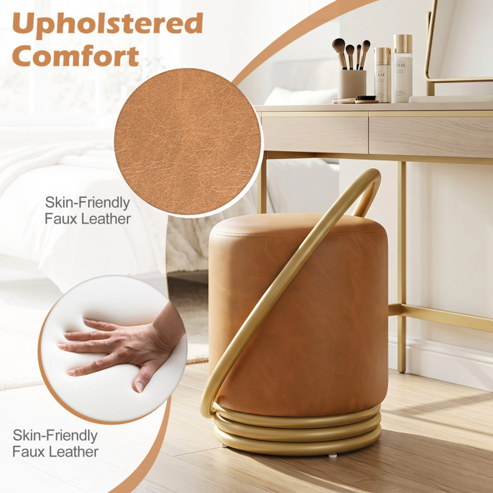 SUGIFT Round Faux Leather Vanity Stool with Metal Halo Frame 330-lb Capacity 21-in Tall Brown and Gold