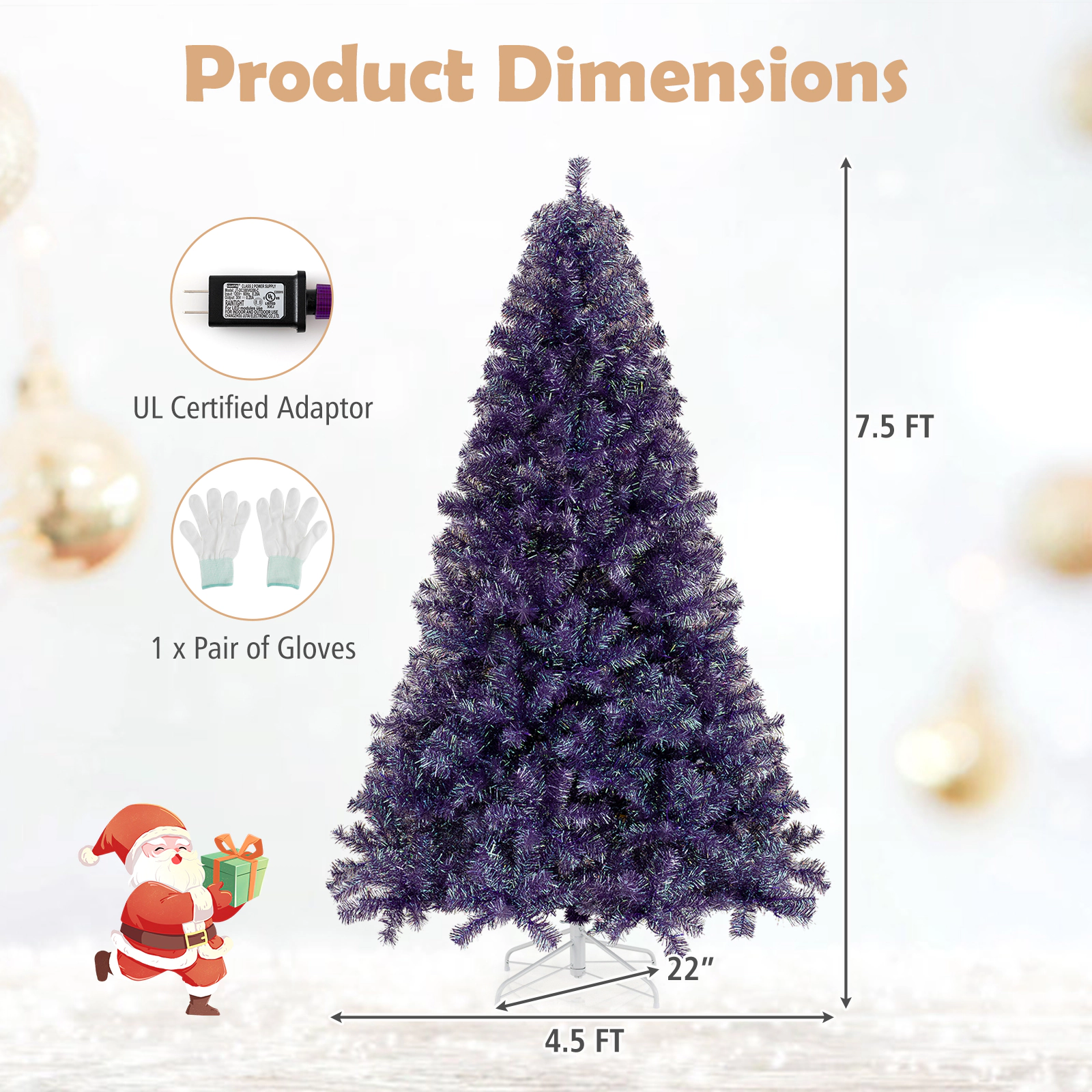 SUGIFT Pre-Lit Tinsel Artificial Christmas Tree with Warm White LED Lights Deep Purple 7.5ft