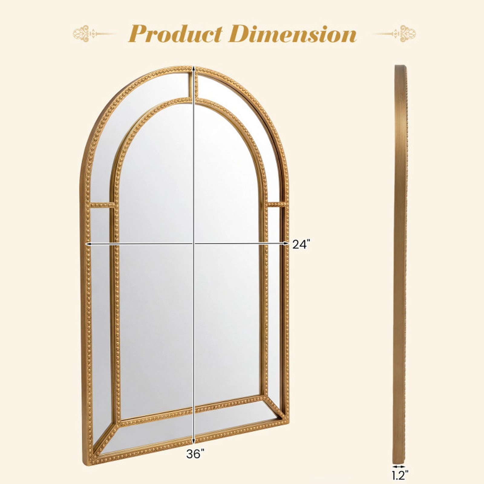 SUGIFT 36 x 24 in Decorative Wall Mirror with Gold Beaded Metal Frame MDF Backing and Wall-Mounting Hardware Gold