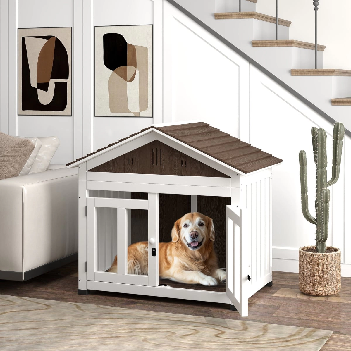 212 Main D02-206V00DR 40 in. PawHut Wooden Dog House for Small-Medium-Large Dogs, Air Vents & Removable Floor, Brown
