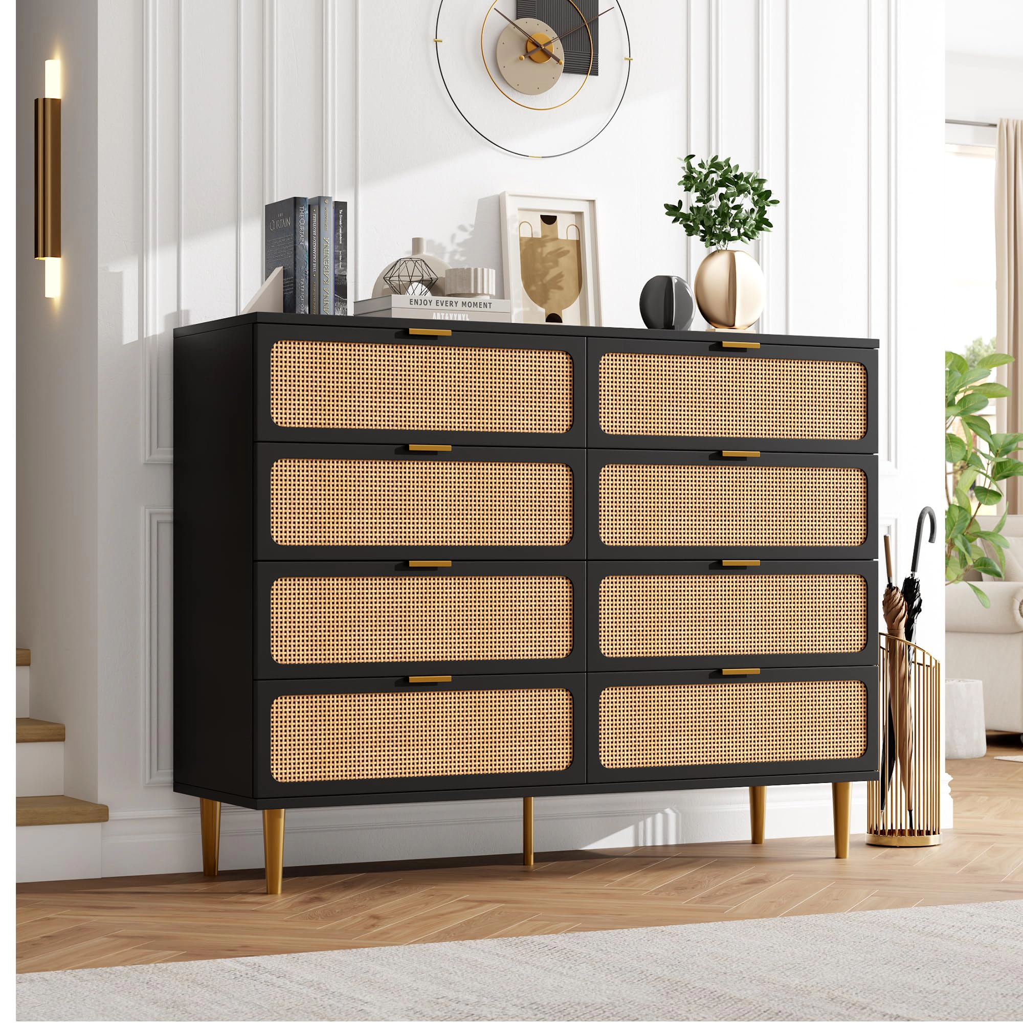 8 Drawer Rattan Dresser, Wooden Chest with Deep Drawers & Wide Top for Bedroom Living Room Hallway