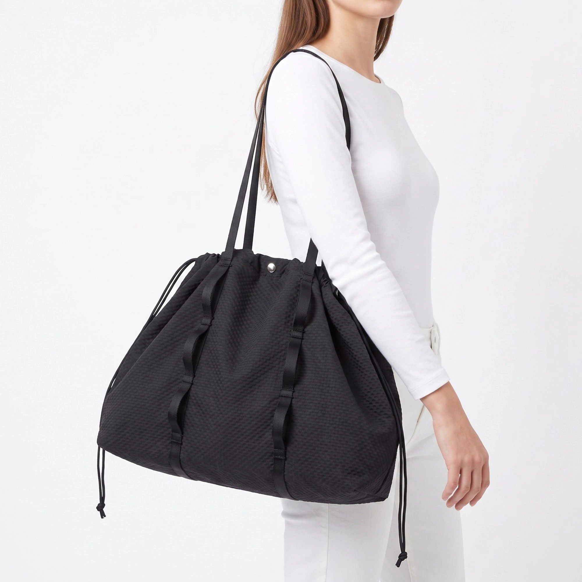 Alilang Women's Textured Drawstring Tote Bag with Dual Long Shoulder Straps and Snap Closure 13x15.7x5.3in