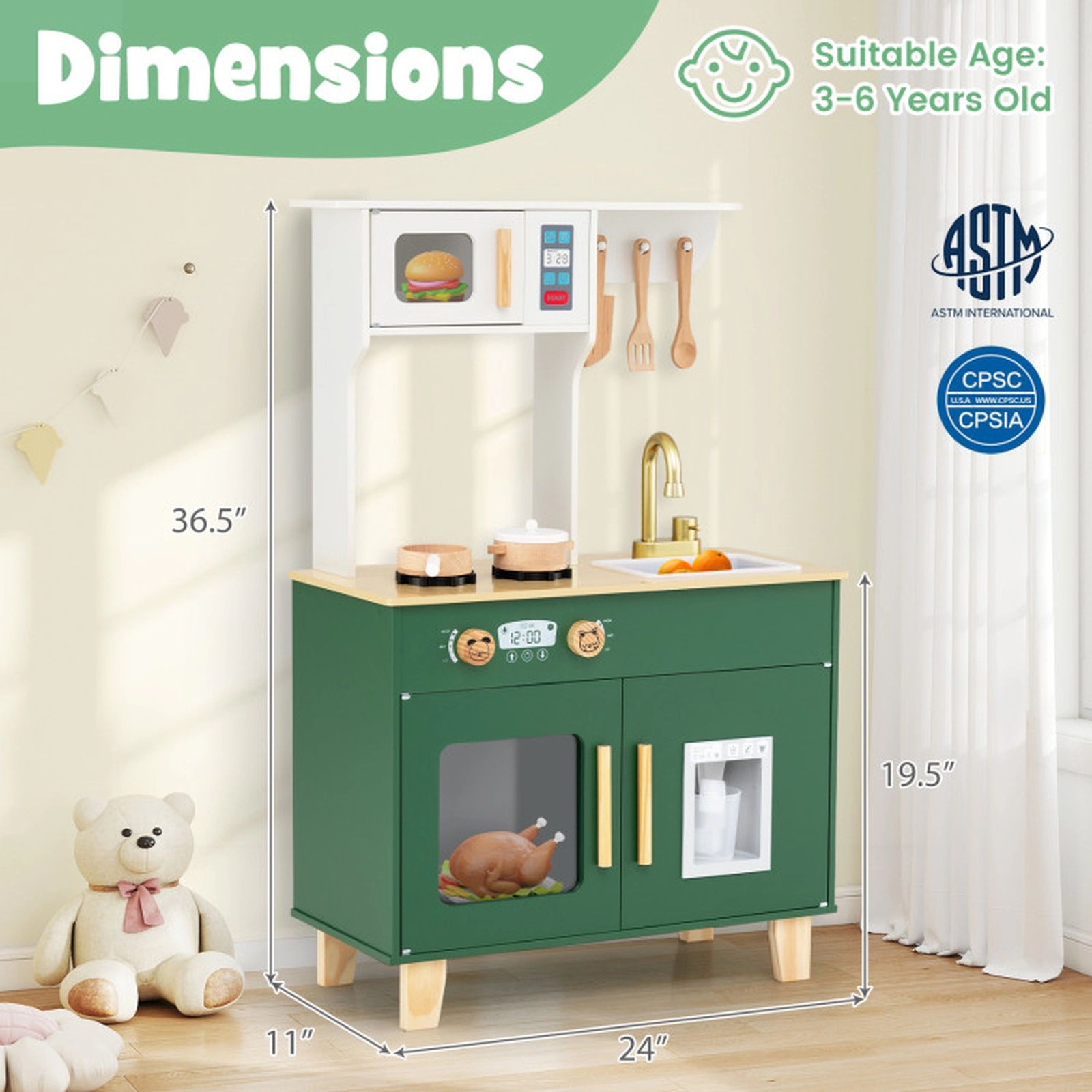 SUGIFT Kids Play Kitchen Wooden Playset with Microwave Ice Dispenser and 5 Accessories