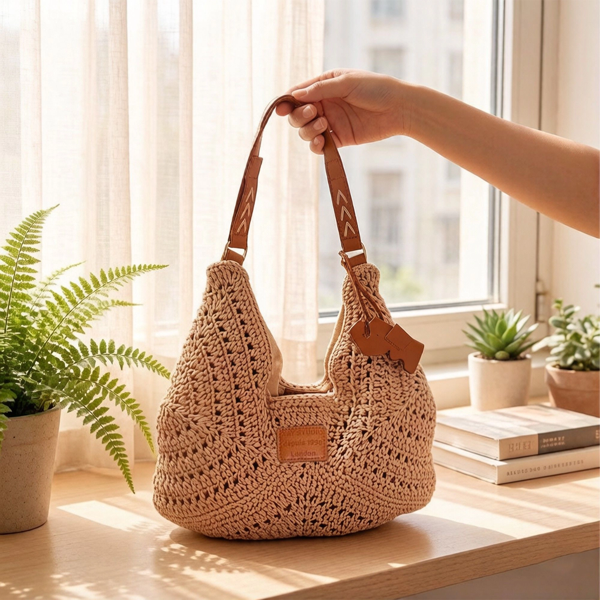 Alilang Women's Woven Crochet Shoulder Bag with Embroidered Strap Slouchy Hobo Handbag Lightweight Knit Tote