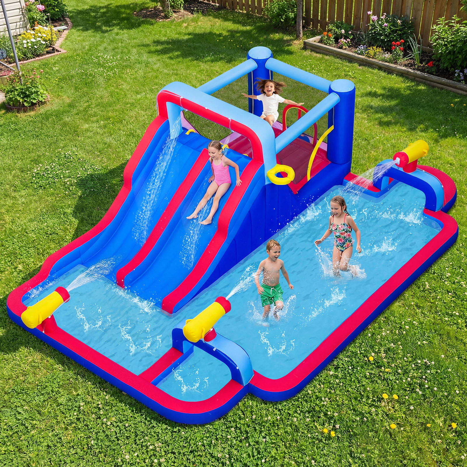Hivvago Inflatable Water Slide Park Giant Bounce House with Double Slides with 750W blower