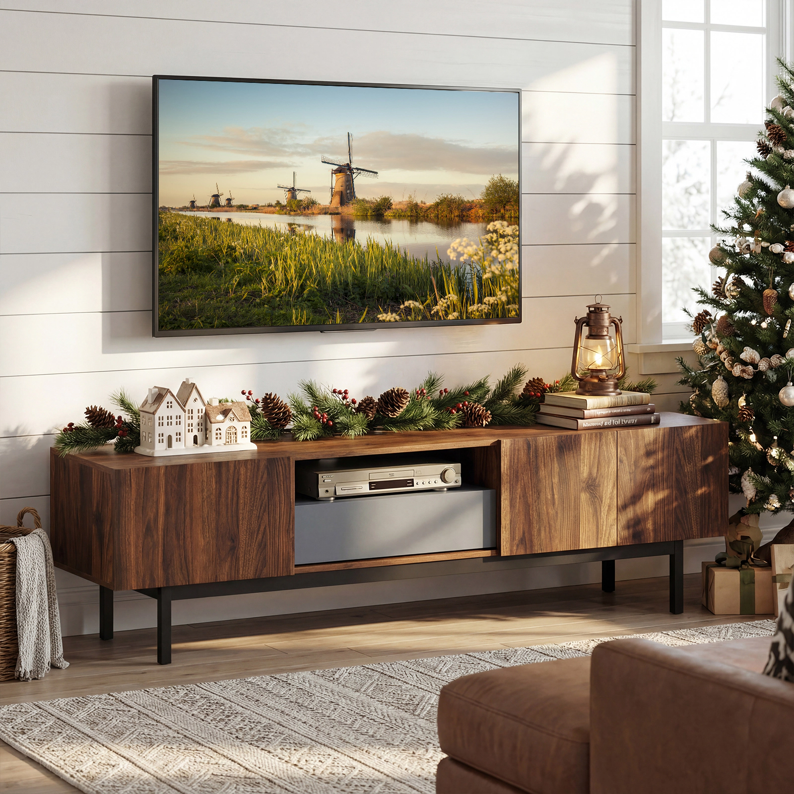 Glintex 71-Inch Mid-Century TV Cabinet with 3 Storage Zones and Drawer, Walnut & Grey