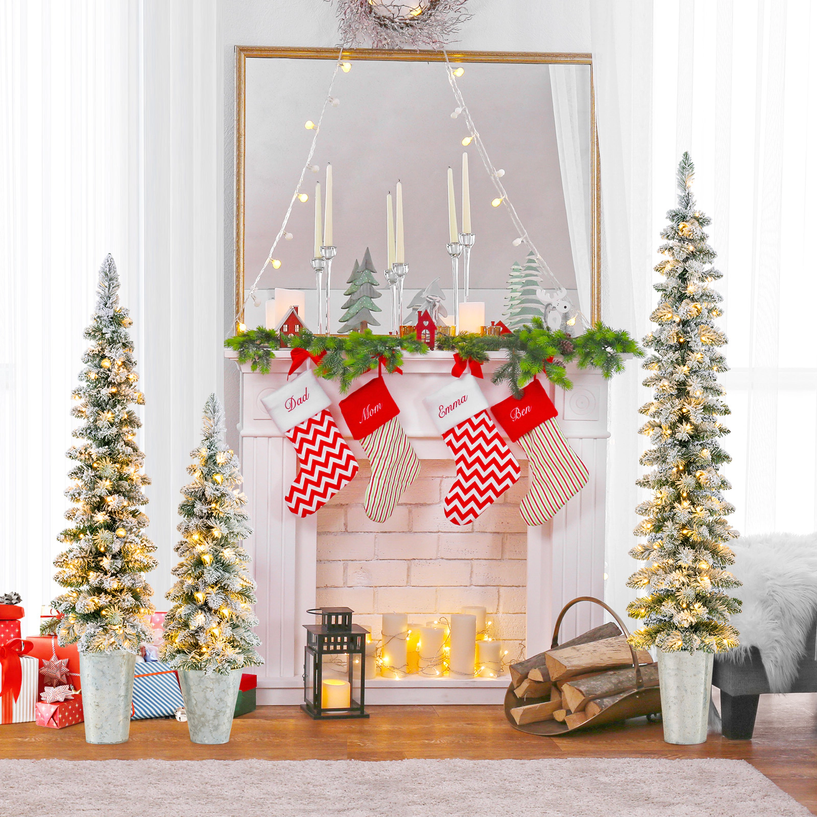 LJG Set of 3 Pre-Lit Snow Flocked Artificial Christmas Trees Witrh 423 Branch Tips