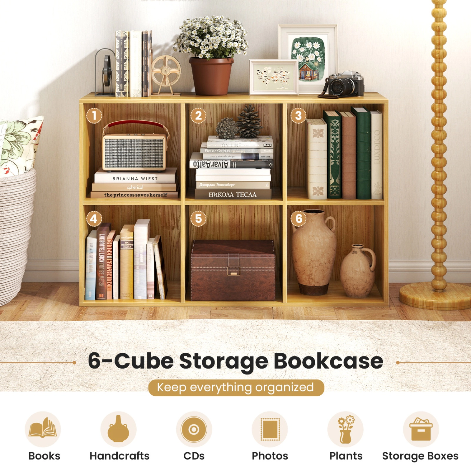 SUGIFT Modern 6-Cube Bookcase 132-lb Top Capacity 22-lb Cube Capacity with Anti-tipping Kits Light Brown