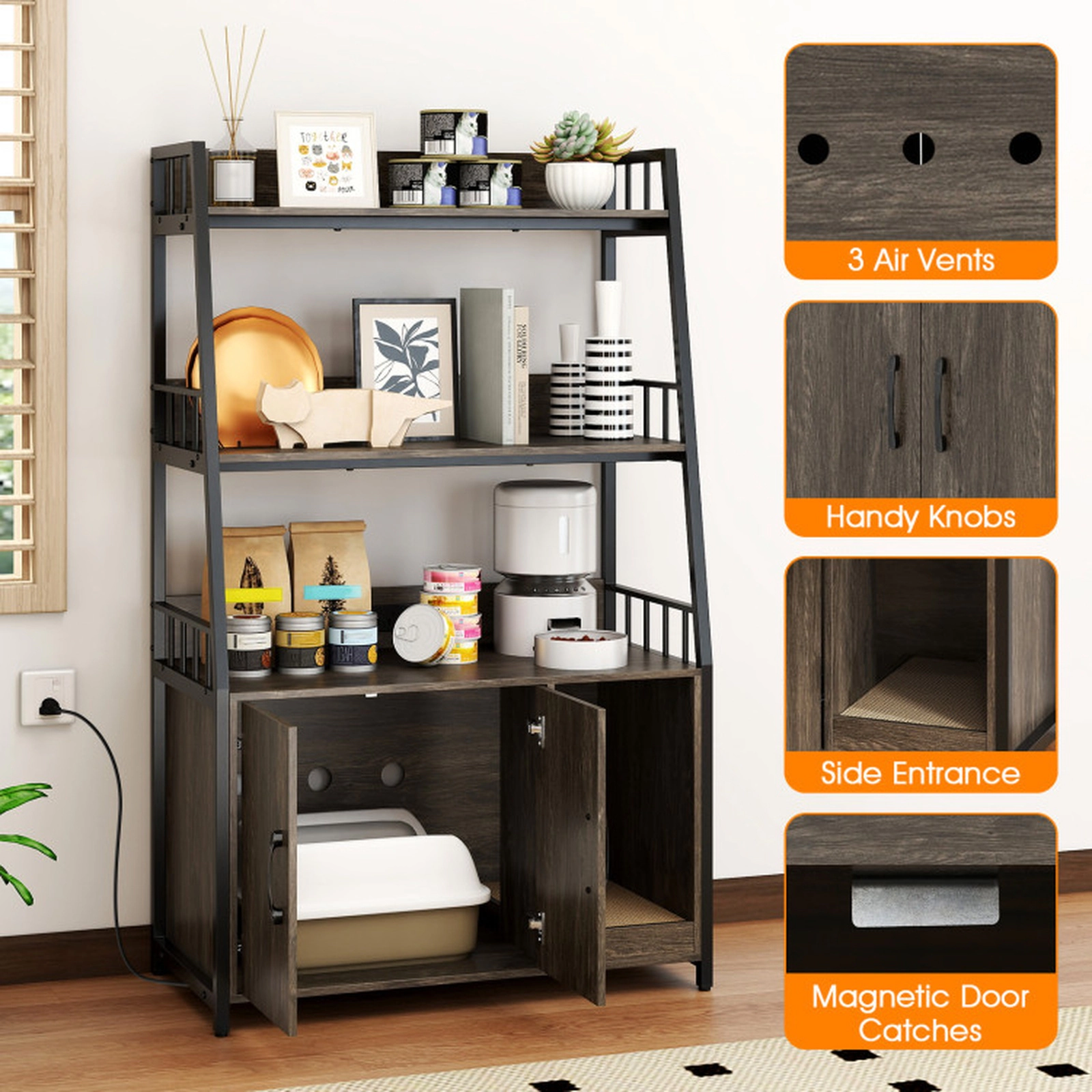 SUGIFT Gray Cat Litter Box Enclosure with 2 Open Shelves 31.5-in W 15.5-in D 52-in H 88-lb Cabinet Capacity