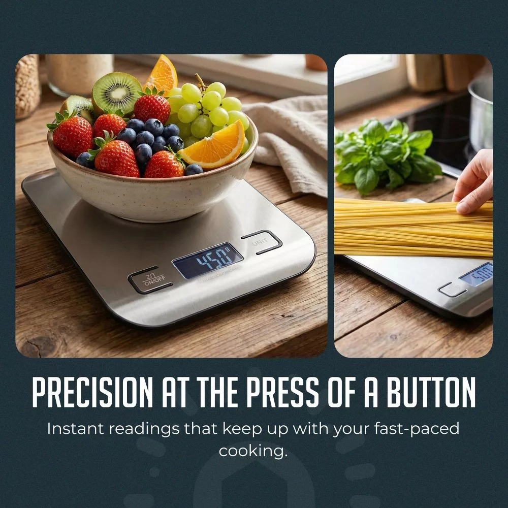 Luminuxe Digital Food Scale – 11 LB Capacity, Tare Function, Stainless Steel, LCD Display, 2 AAA Batteries Included