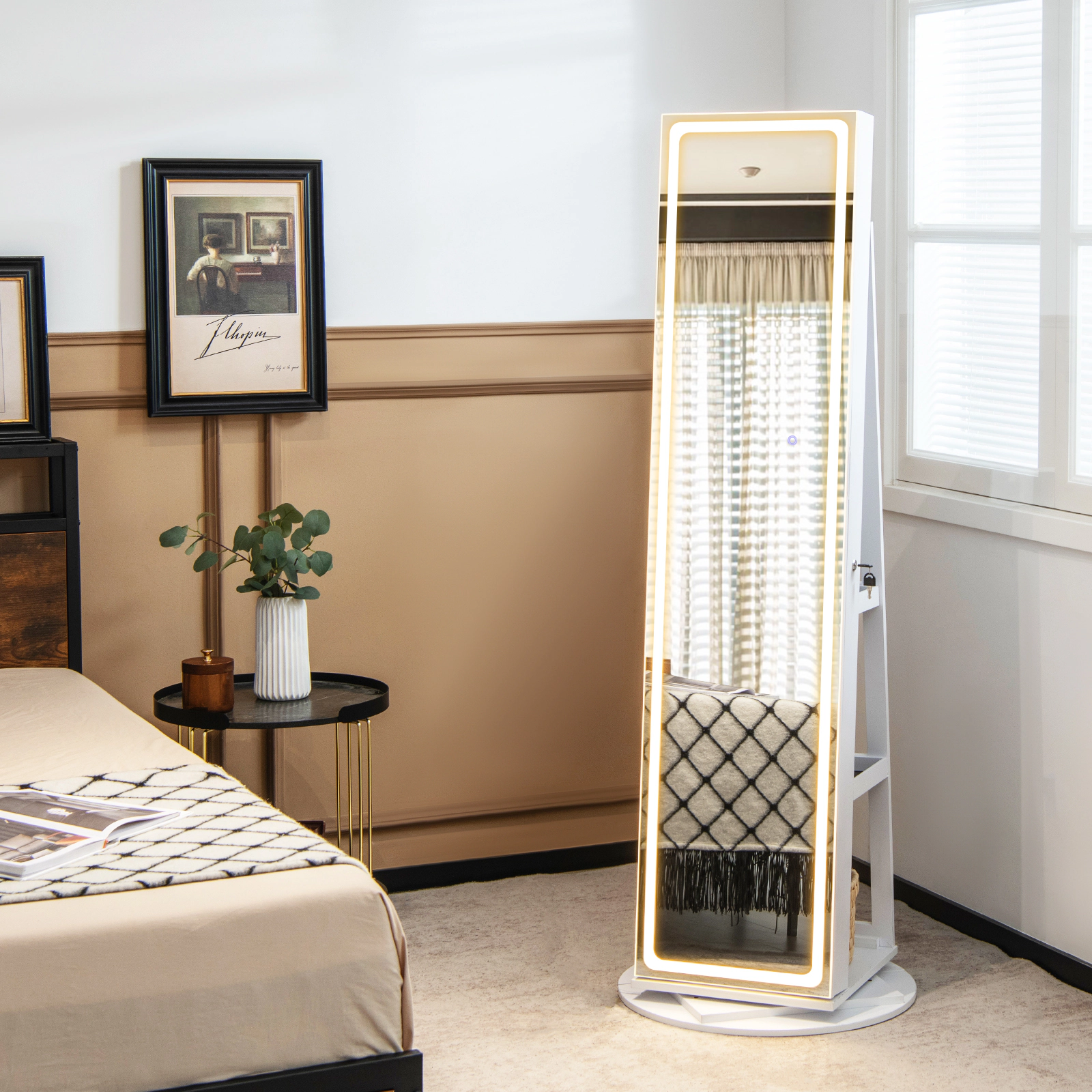 SUGIFT Standing Jewelry Cabinet with Adjustable LED Lights and Rotating Base Full-Length Mirror and Makeup Shelf White