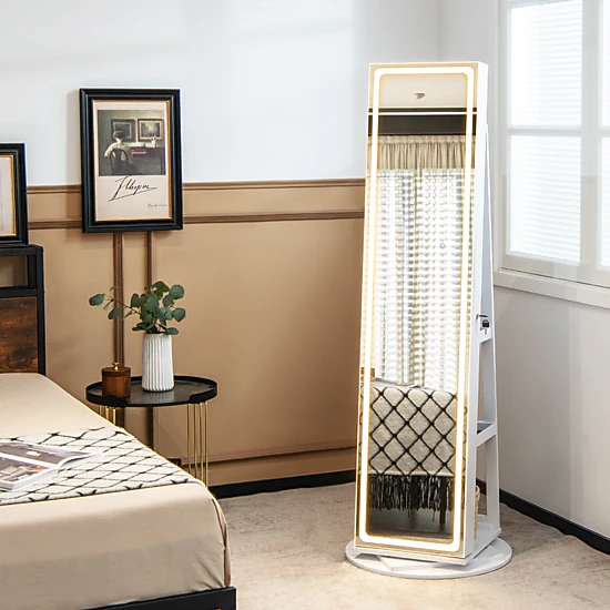 SUGIFT Standing Jewelry Cabinet with Adjustable LED Lights and Rotating Base Full-Length Mirror and Makeup Shelf White
