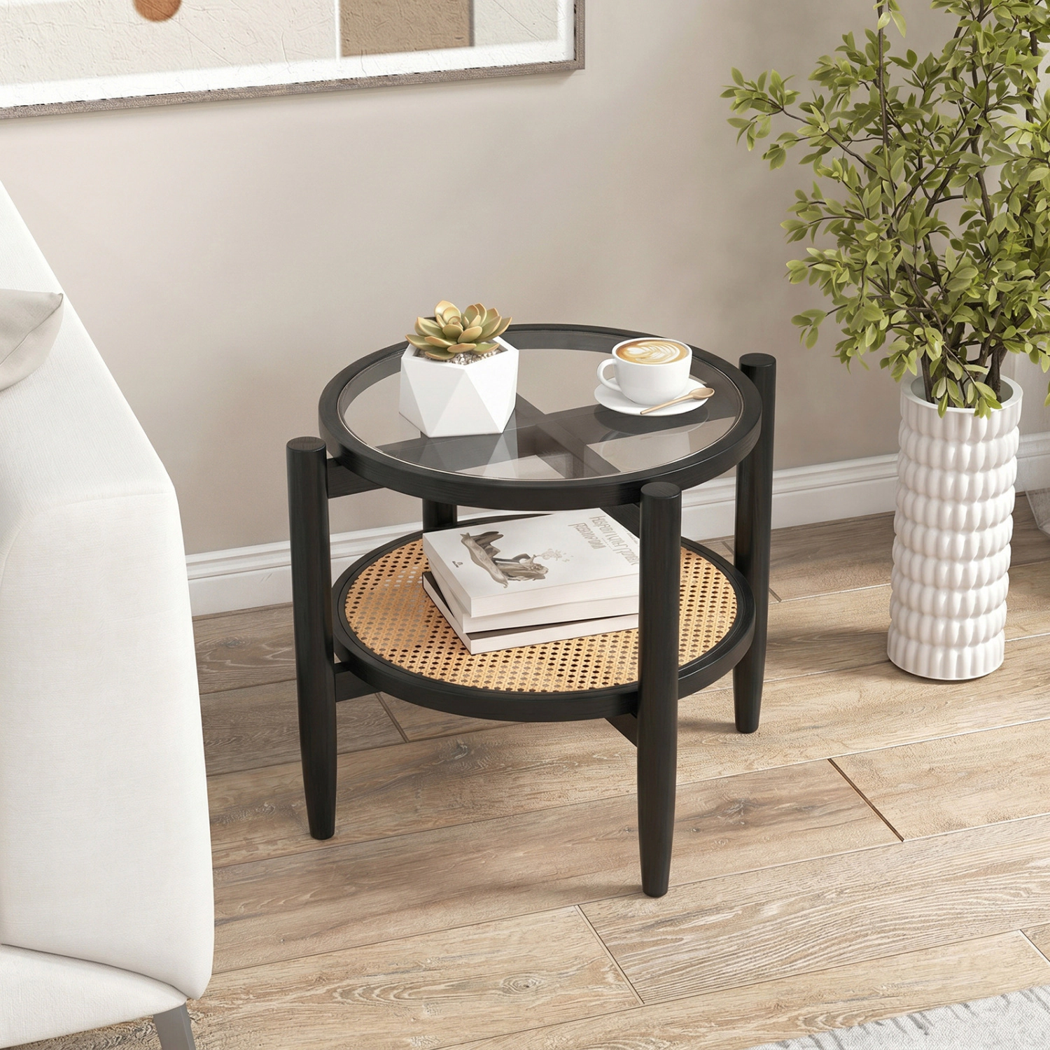 Glintex Round Rattan Side Table with Tempered Glass Top and Acacia Wood Legs