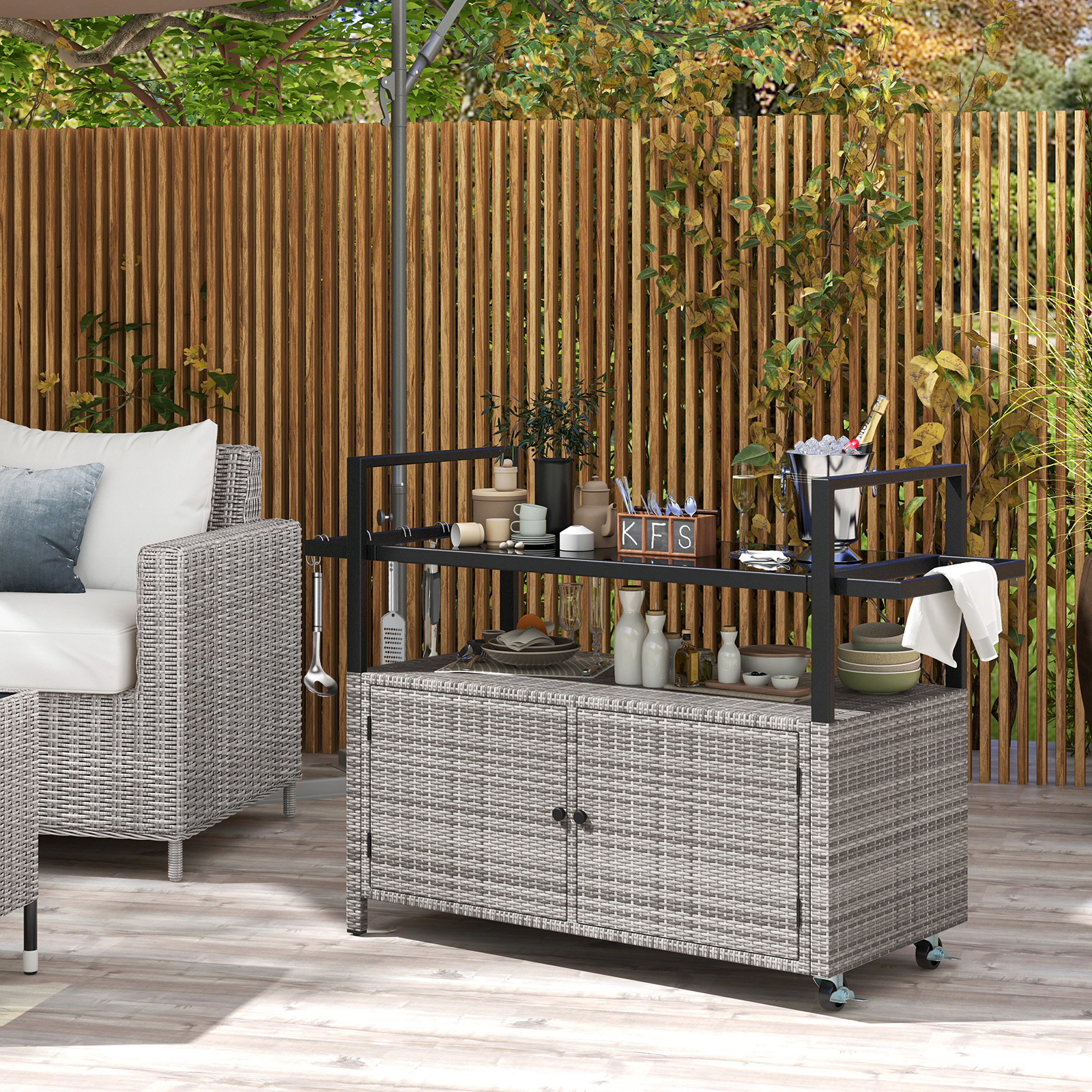 SUGIFT 51-in Wicker Outdoor Bar Cart with Tempered Glass Top 2-Door Cabinet and 8 Removable Hooks