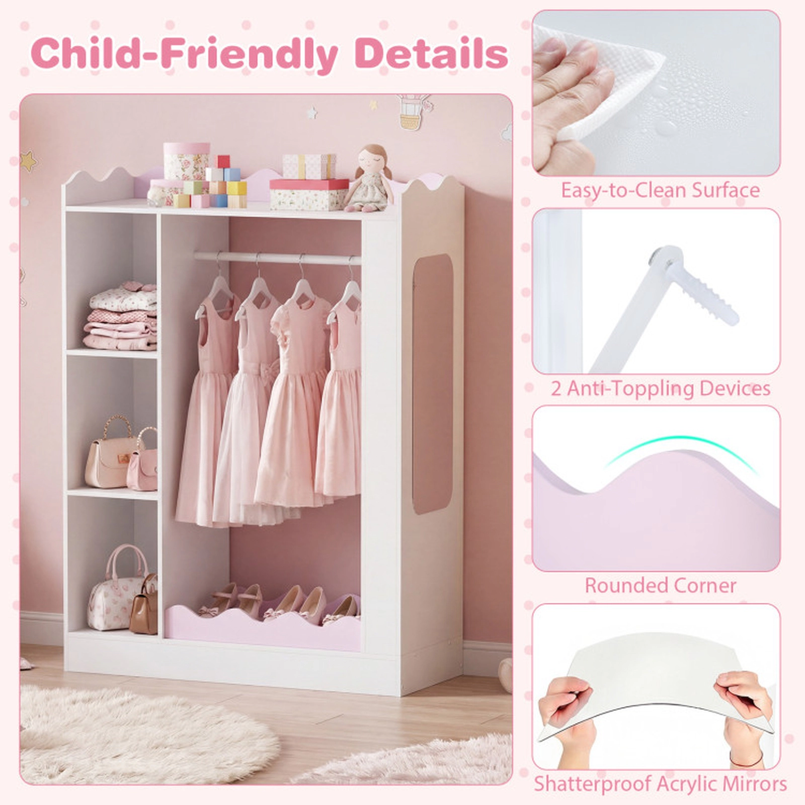 SUGIFT Pink Kids Dress Up Storage Wardrobe Closet with Full-Length Acrylic Mirror 3 Cubes and 20.5-in Hanging Rack