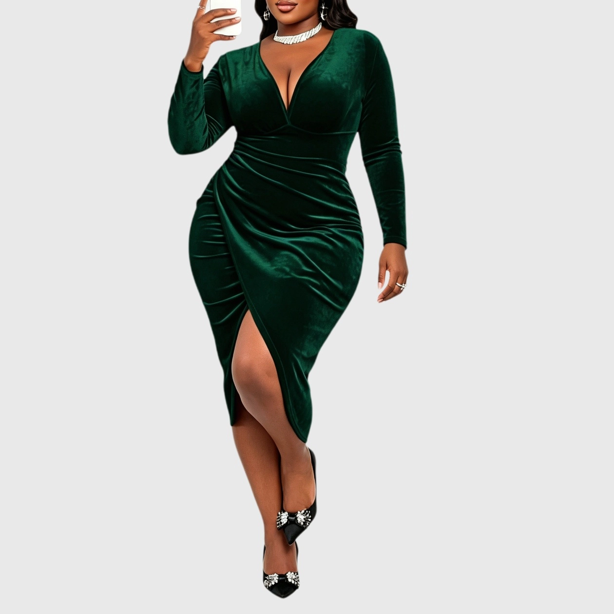 YesFashion Womens Plus Velvet Dresses Casual V Neck Long Sleeve Ruched Bodycon Cocktail Party Dress