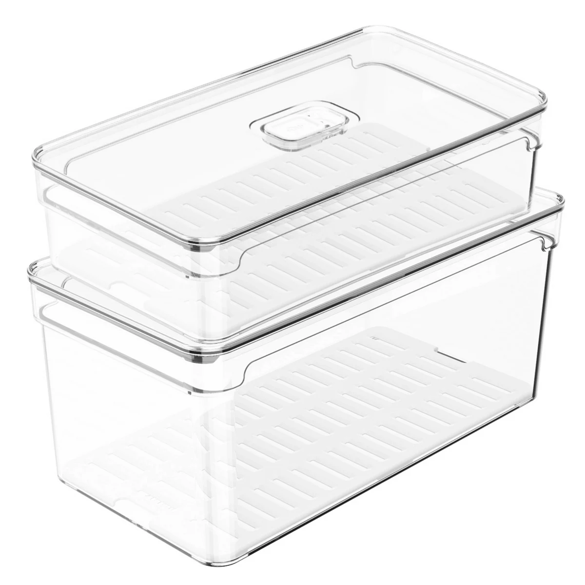 OU Fridge Food Organizer Bins w Vented Lid & Drain Tray, Clear Stackable Storage Container BPA Free 2 Pk (2.9qt + 5.3qt)