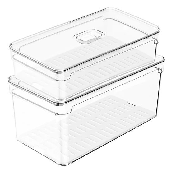 OU Fridge Food Organizer Bins w Vented Lid & Drain Tray, Clear Stackable Storage Container BPA Free 2 Pk (2.9qt + 5.3qt)