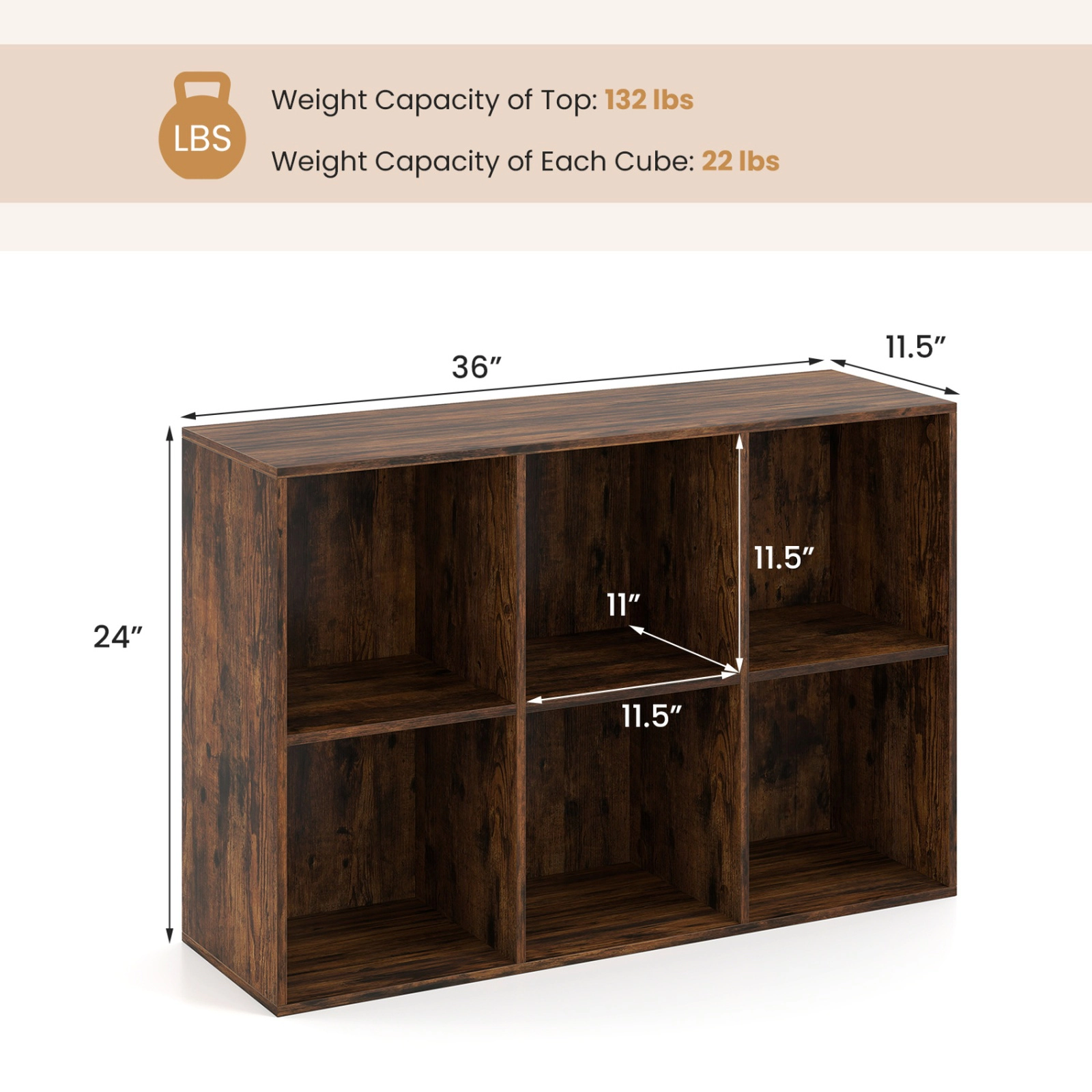 SUGIFT Modern 6-Cube Bookcase 132-lb Top Capacity 22-lb Cube Capacity for Bedroom Living Room Rustic Brown