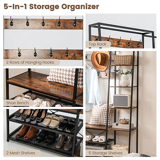 Glintex 5-in-1 Hall Tree with 9 Hooks 5 Side Shelves and 110-Lb Mesh Shelves, Rustic Brown