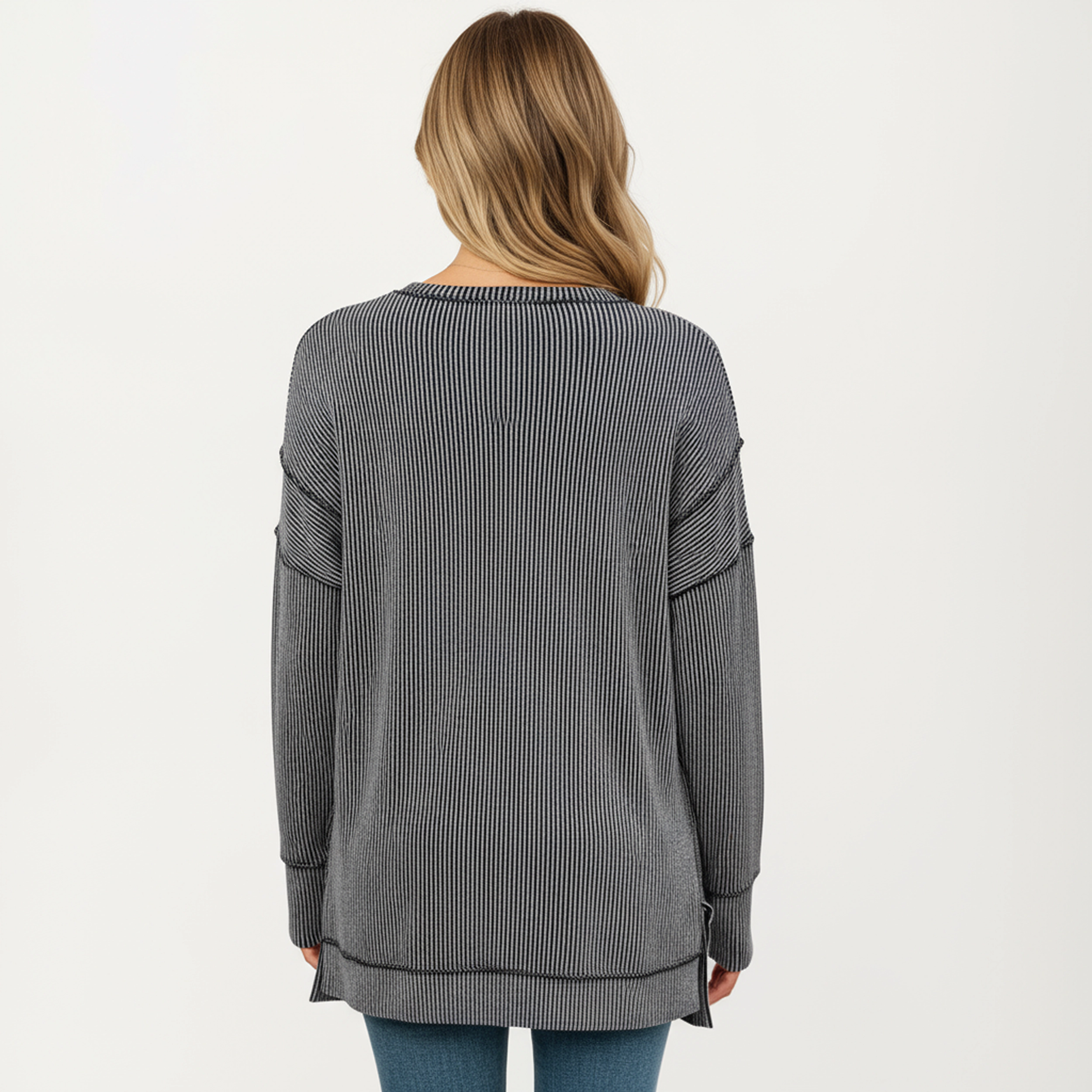 Anna-Kaci Women's Ribbed Side Slit Crew Neck Long Sleeve Pullover Knit Top