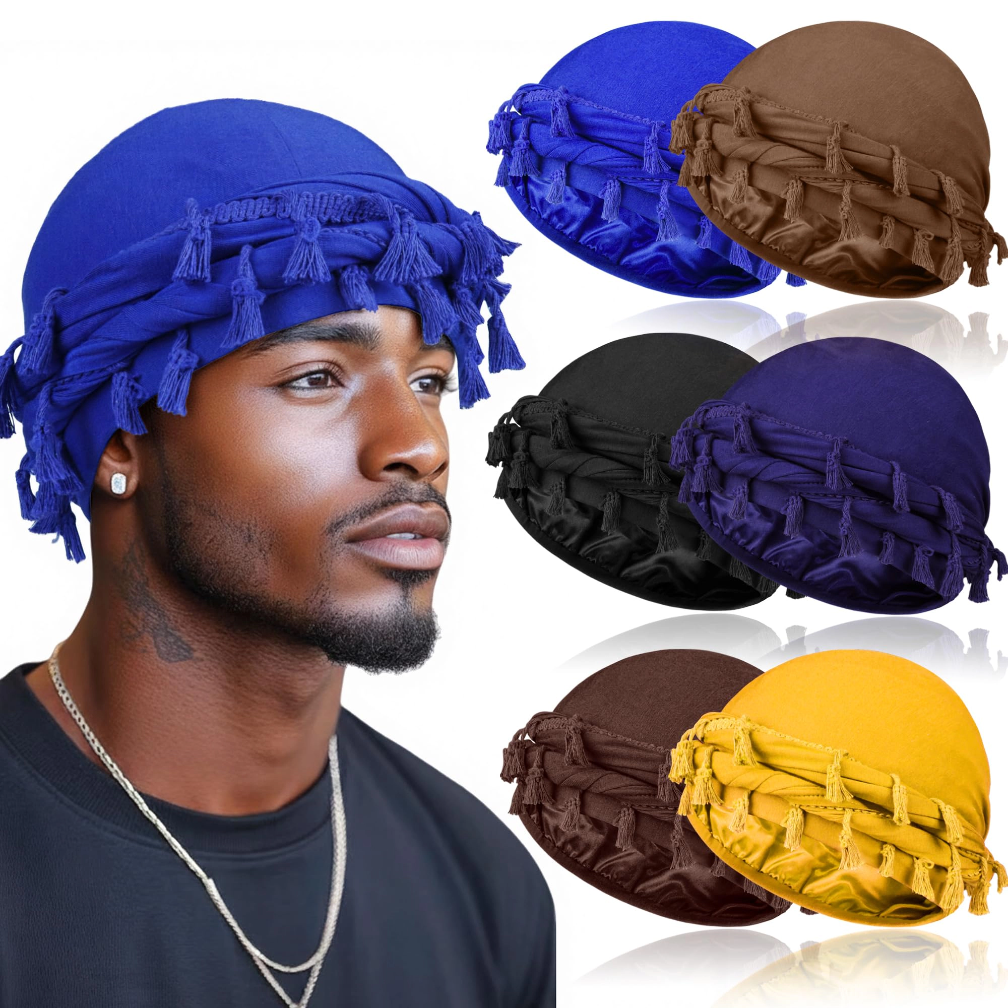 PIGFDK 6 Pack Satin Lined Turban For Men  Silky Pre-tied Head Wraps - Hair Protection Sleep Cap Waves Braids