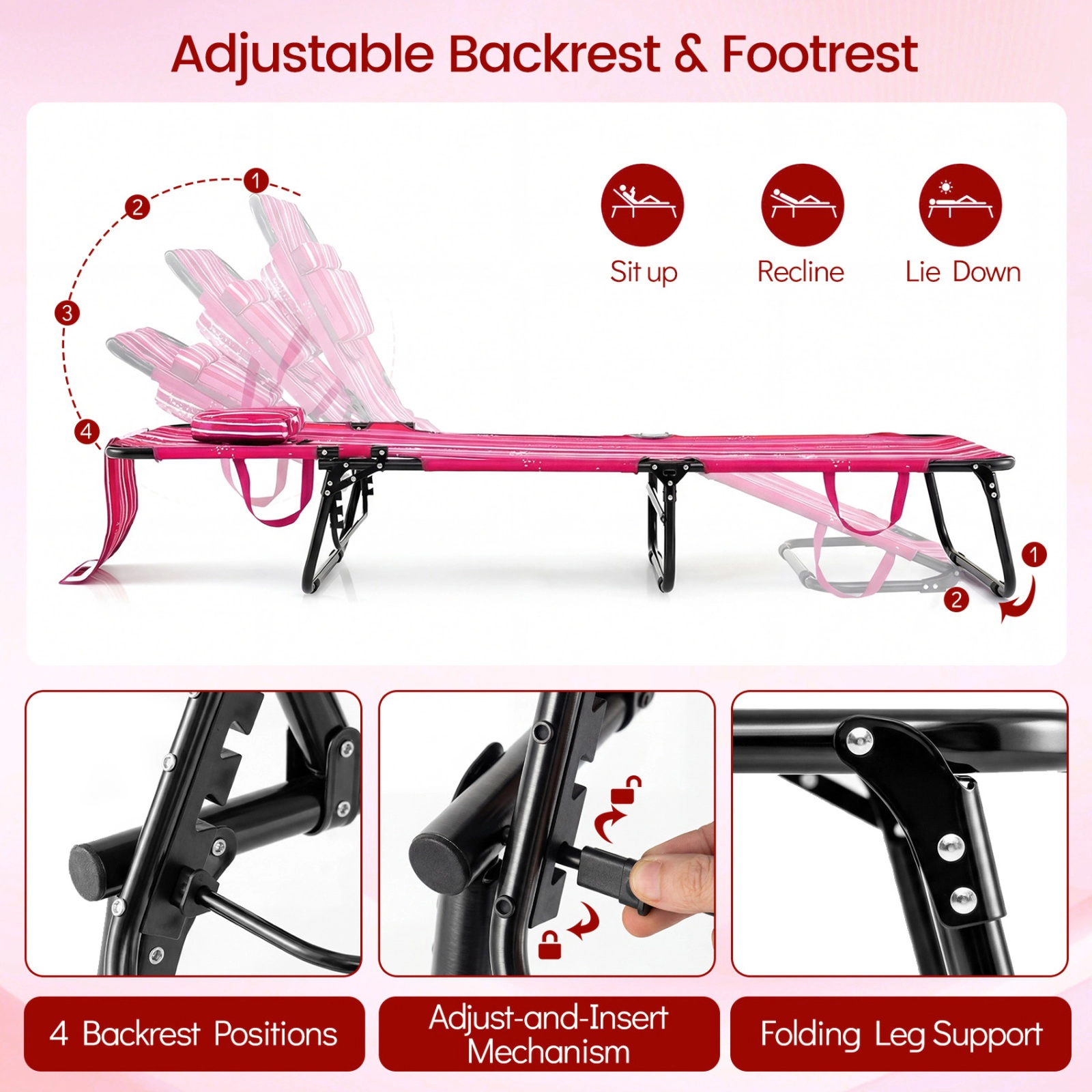 SUGIFT Folding Face Down Tanning Chair Face Hole & 3 Removable Pillows 330-lb Capacity Adjustable Backrest Pink Stripe