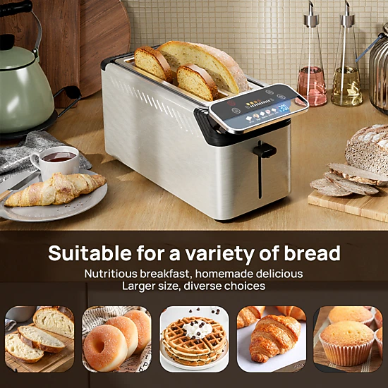 WHALL Long Slot 4-Slice Touchscreen Toaster, 1.5" Wide Slots, 5 Bread Types, 11 Browning Shades, Stainless Steel Gray