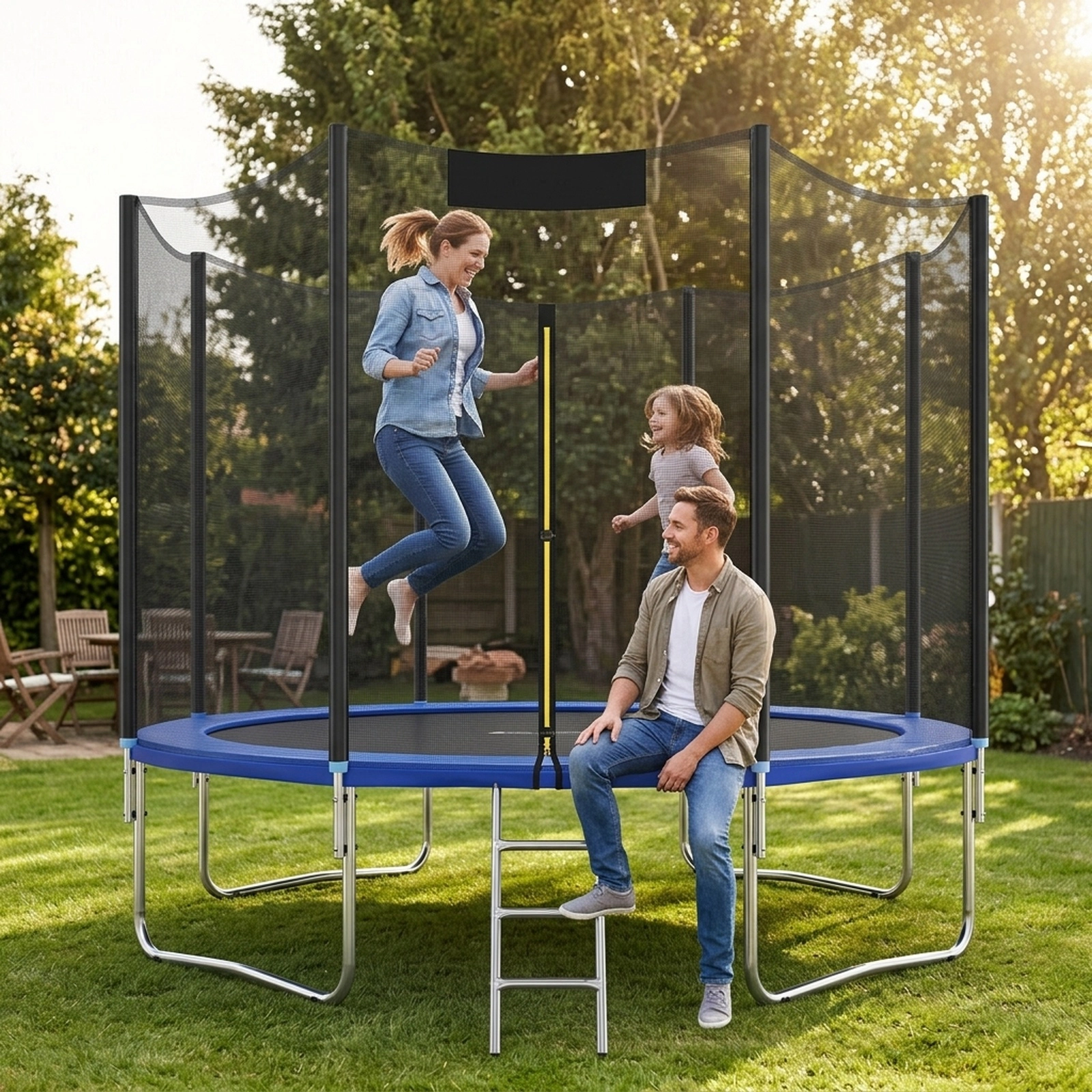 16-ft Trampoline Net Replacement 6-ft Tall Enclosure for 12 Straight Poles to 2.15-in Double-Zipper Door Black