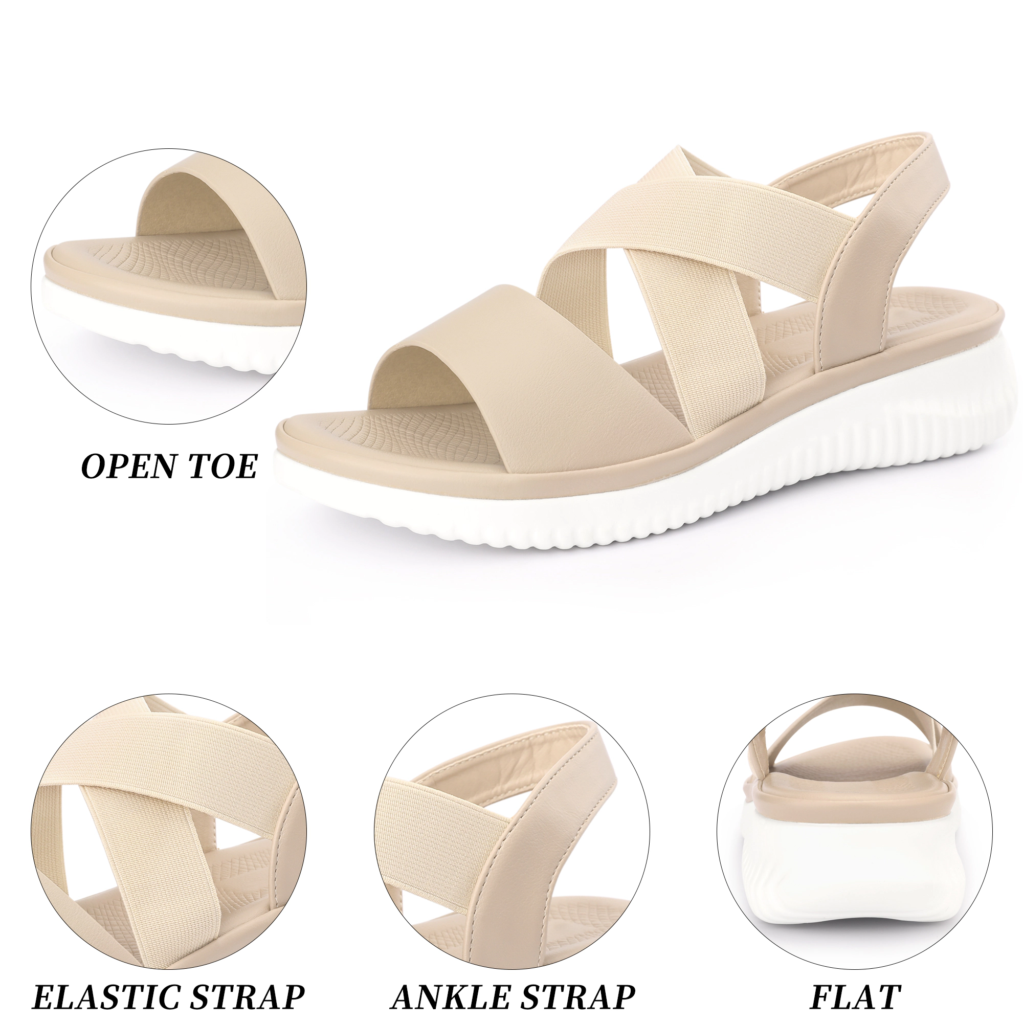 BLISSFUL STEP Women Open Toe Elastic Ankle Strap Cross-Strap Flat Sandals