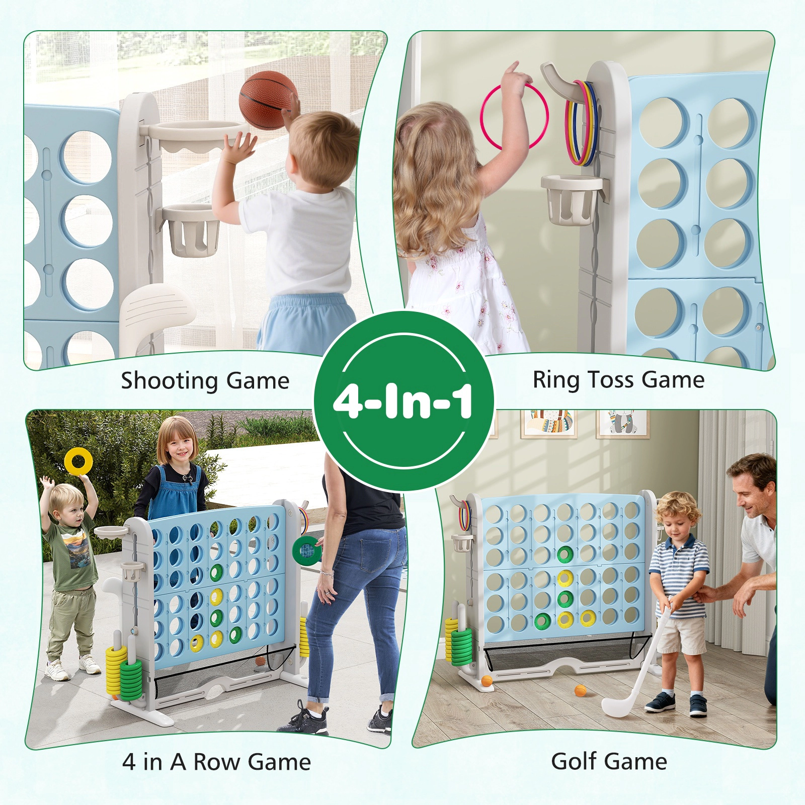 SUGIFT Light Blue 4-in-1 Jumbo 4-to-Score Game with Ring Toss and Basketball Hoop 40.5-in W 32.5-in to 38.5-in H