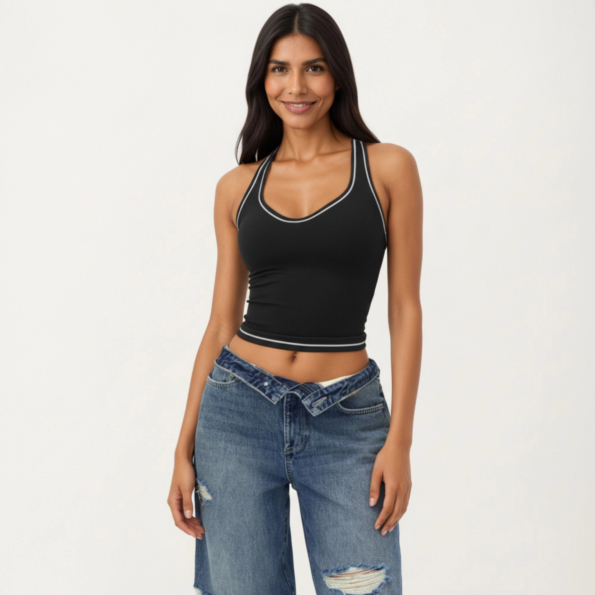 Anna-Kaci Women's Sleeveless Fitted Active Tank with Scoop Neck Contrast Trim and Smooth Stretch Fabric