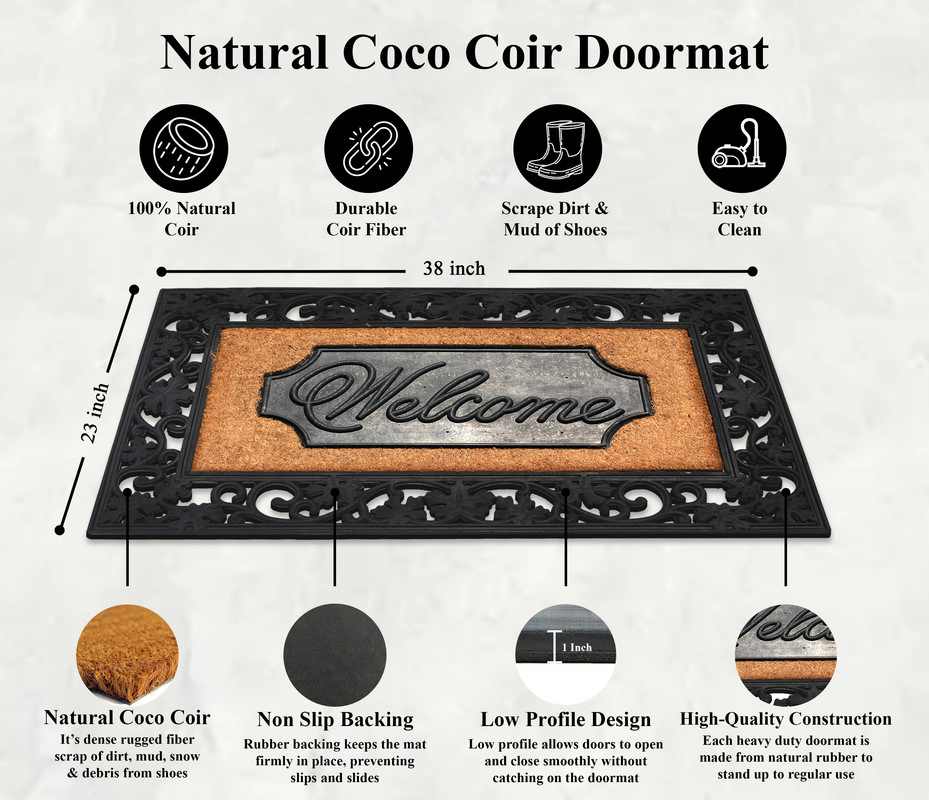 A1HC Coir and Rubber Door Mat 38x23 Inches Anti-Shed Heavy Duty Non-Slip Black Floral Border