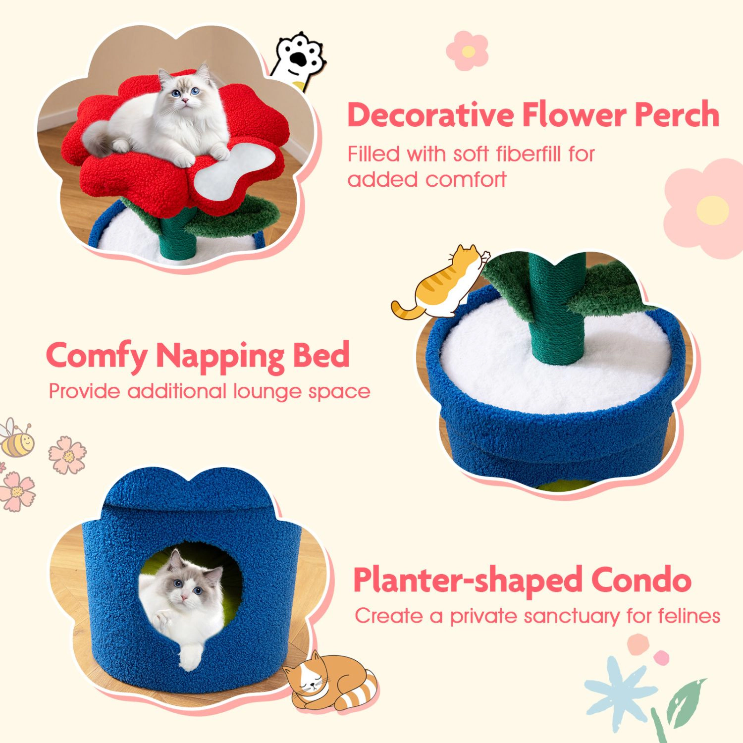 SlickBlue Cat Tree with Flower Perch, Condo and Scratching Post