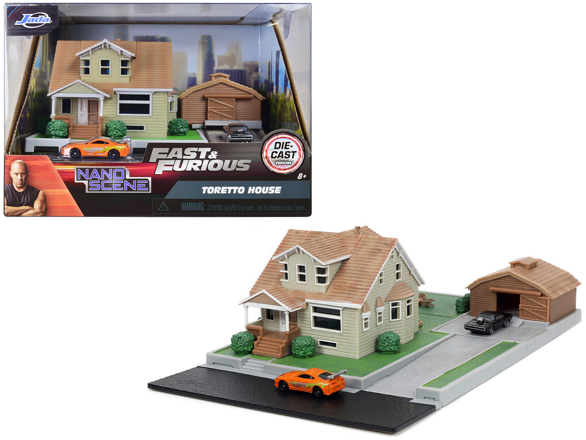 Jada Toretto House Diorama with Dodge Charger Black and Toyota Supra Orange with Graphics "Fast and Furious"