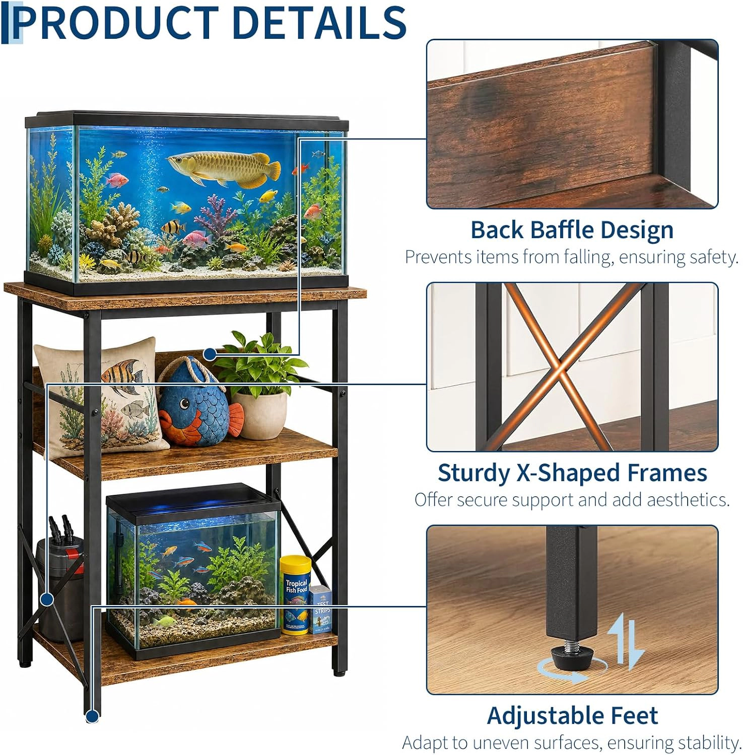 10 Gallon Aquarium Stand, 3-Tier Metal Wood Fish Tank Support with Storage Shelves, Brown