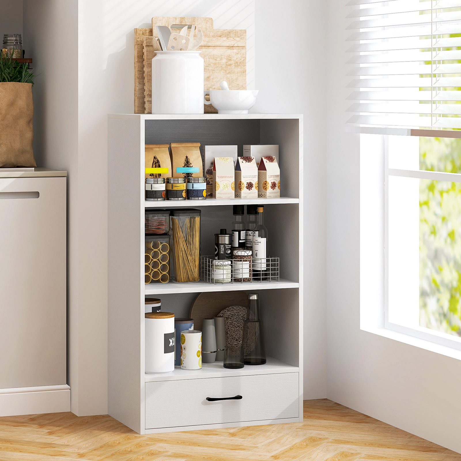 SUGIFT 4-Tier White Wood Bookshelf with Drawer 3 Open Shelves and 88-lb Top for Living Room and Office
