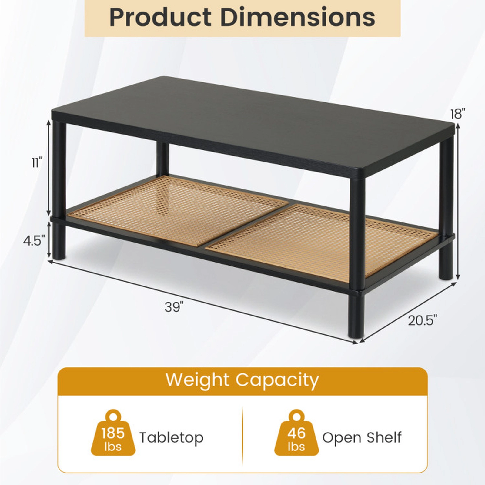 SUGIFT 2-Tier PVC Rattan Shelf Rubber Wood Frame Boho Coffee Table 39-in x 20.5-in x 18-in 185-lb Capacity Black