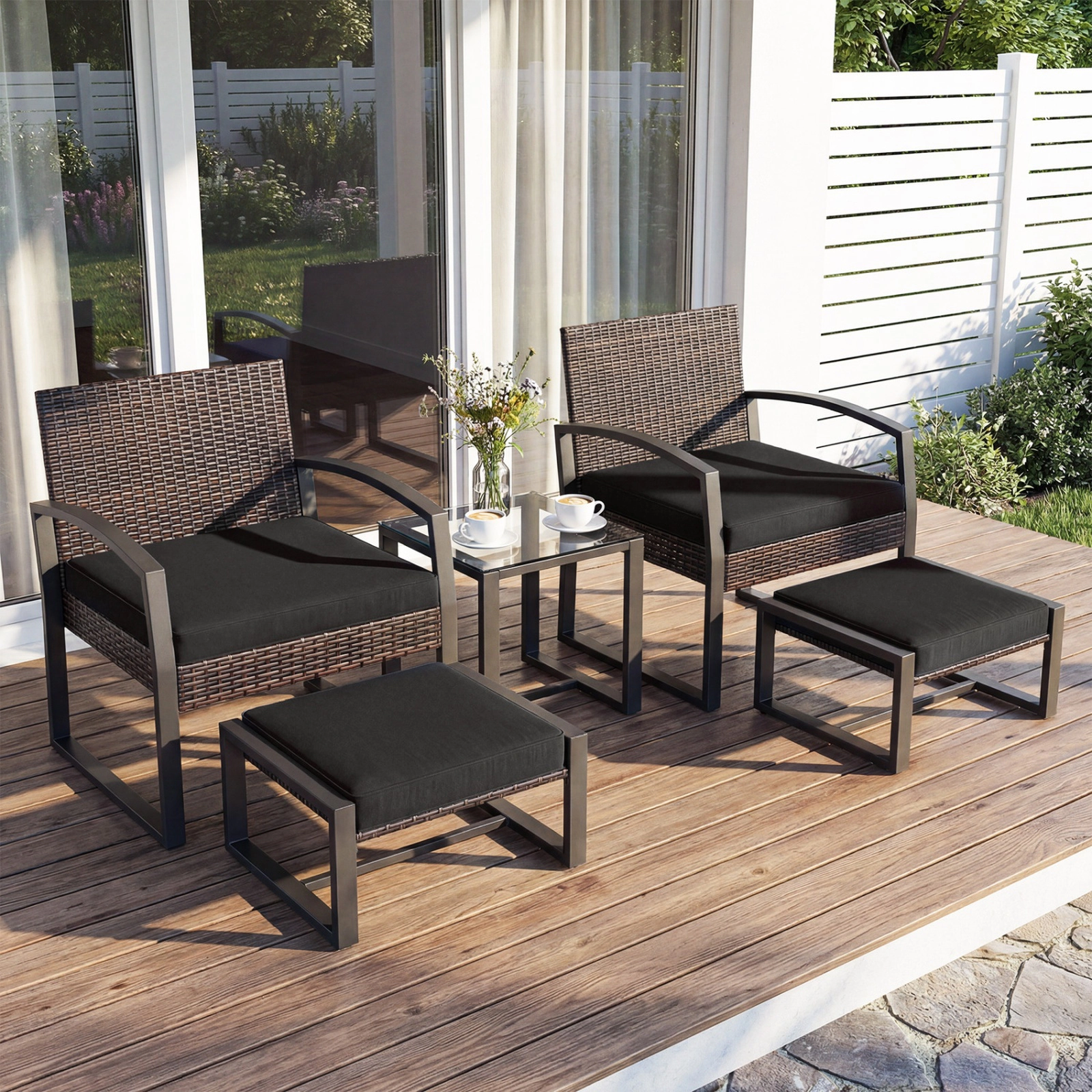 SUGIFT 5-Piece Black Rattan Patio Conversation Set with 2 Cushioned Chairs, 2 Ottomans and Glass Side Table