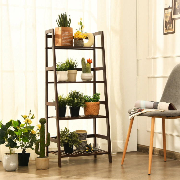 Hivvago 4-Tier Bamboo Plant Rack with Guardrails Stable and Space-Saving