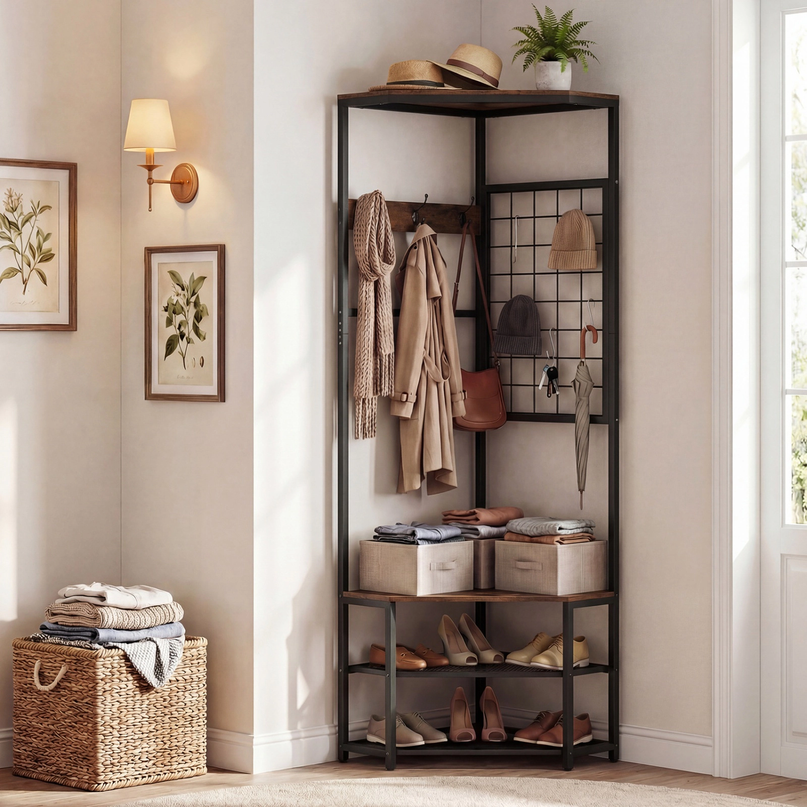 SUGIFT Corner Hall Tree Freestanding Coat Rack with Storage Shelves and Removable Hooks 220-lb Capacity Rustic Brown