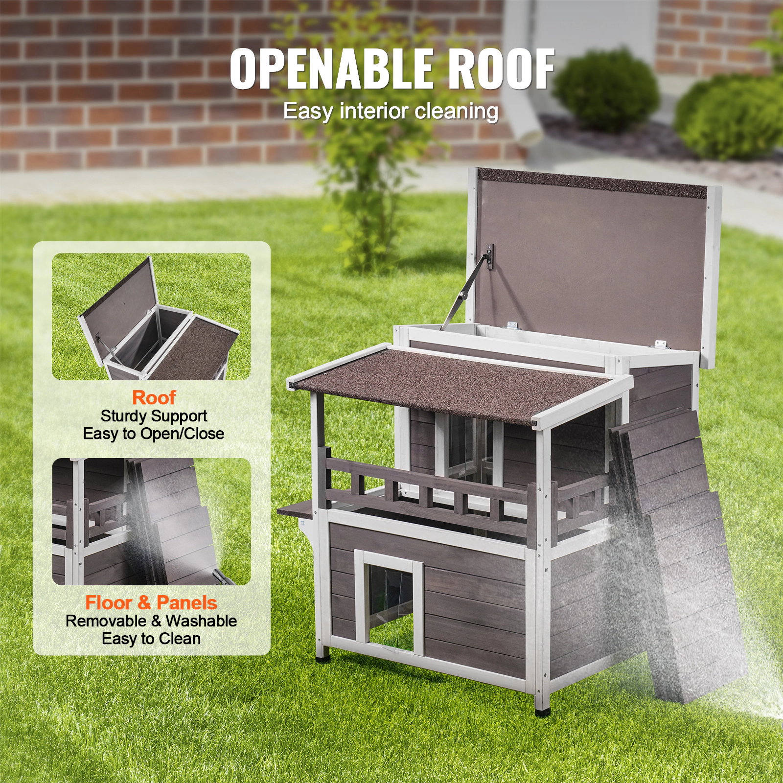 HONGGE 2-Story Wooden Outdoor Cat House, 30 x 30 x 32 in Weatherproof Feral Cat Shelter with Balcony and Open Roof