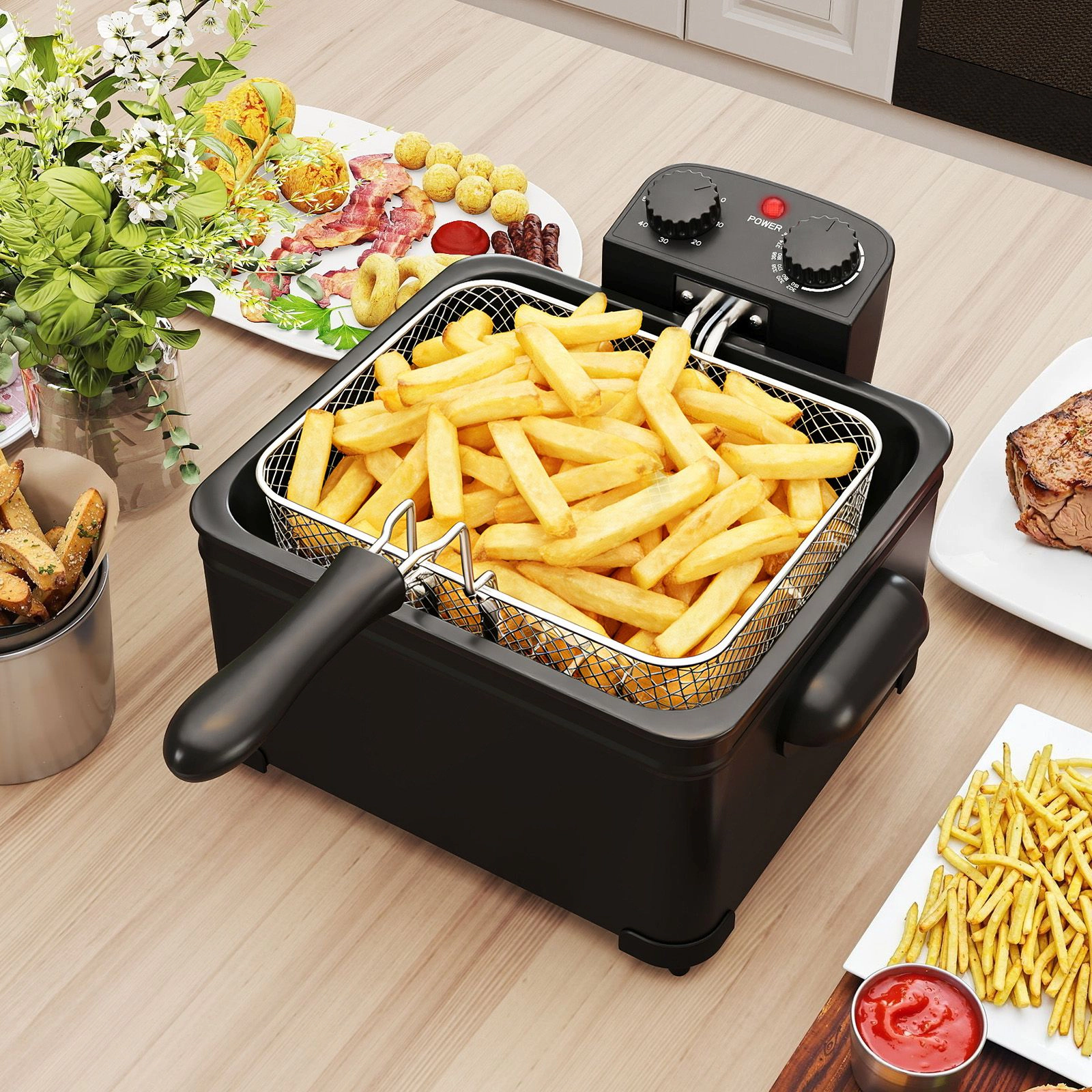 SlickBlue Black Electric Deep Fryer 1700W, 5.3Qt Oil Pot, 3 Baskets, Adjustable Heat