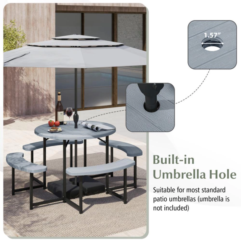 Hivvago Round Picnic Table Bench Set With 4 Benches And Umbrella Hole For Patio Lawn
